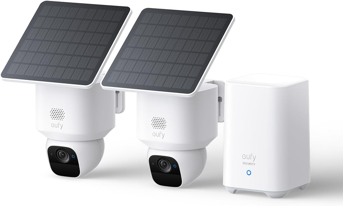 eufy eufyCam Solo E30, 2er-Pack Solar Überwachungskamera mit HomeBase S280, 360° Schwenk, KI-Tracking, 2K-Qualität, Kabellos, eufy Außen-Sicherheitskamera, Ohne Monatliche ABO-Kosten