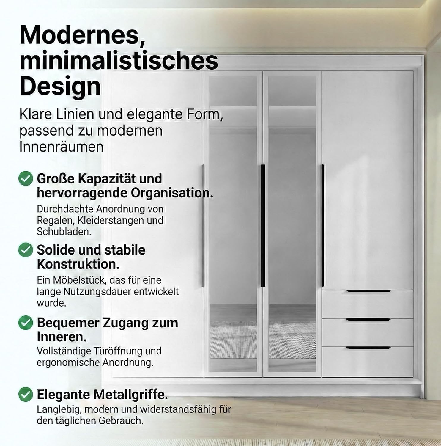 A und J MöbelLand VIVO Kleiderschrank 4-türig mit Spiegel und Schubladen - 200 x 215 cm - Drehtürenschrank mit Kleiderstange und Einlegeböden