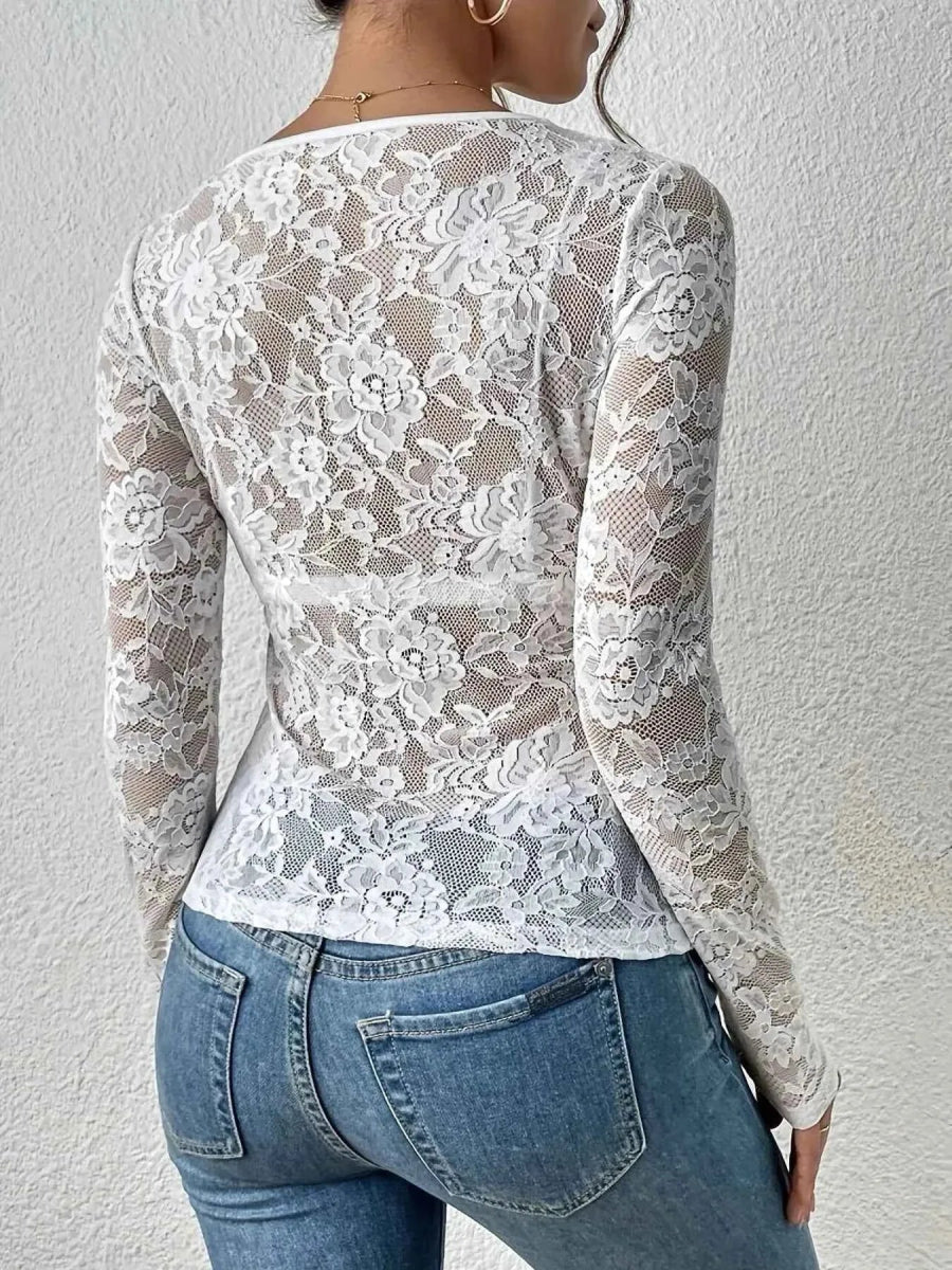 Transparentes Spitzen Langarm Top f��r Damen mit Herz Ausschnitt