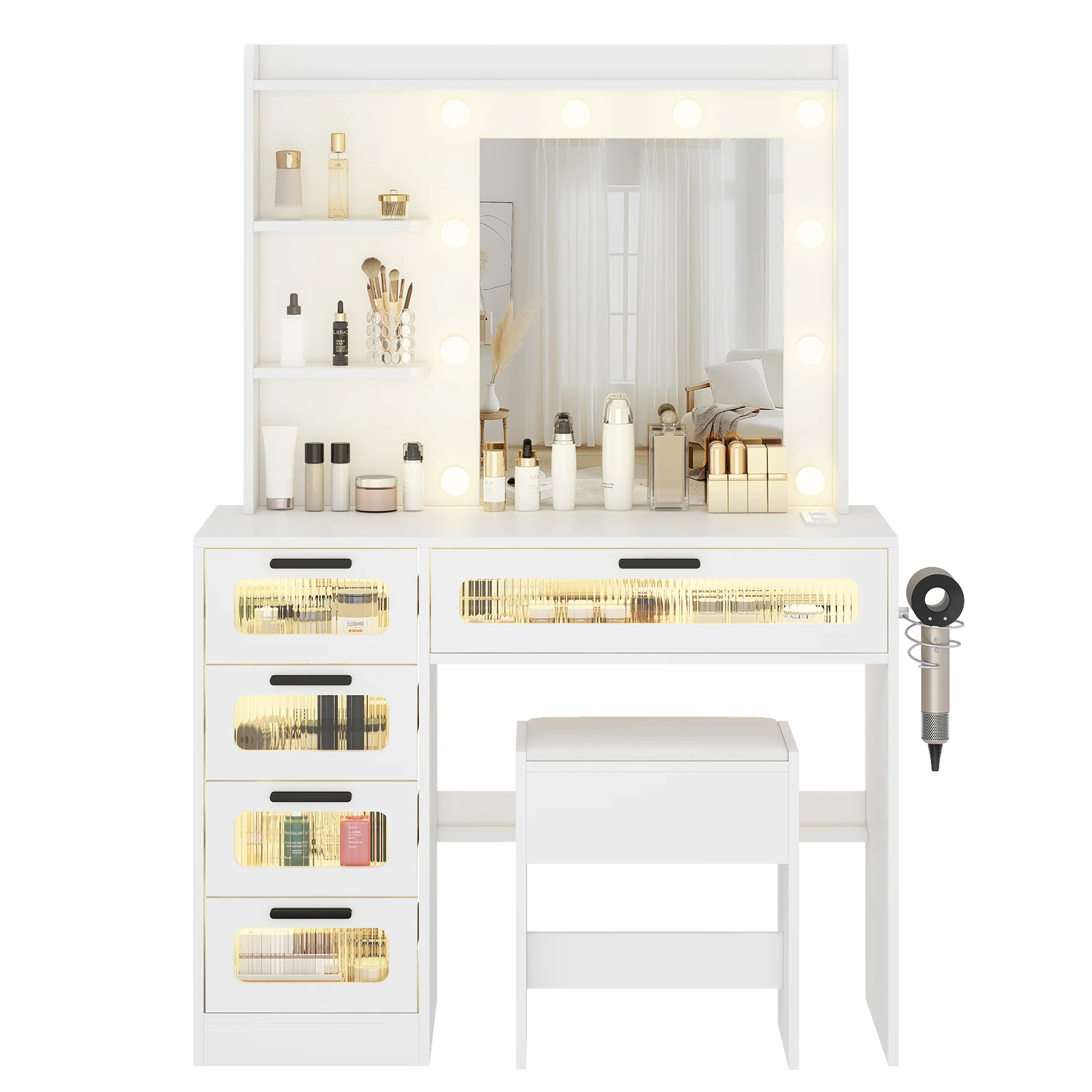 Dressing Table Stool Set with Glass Drawer