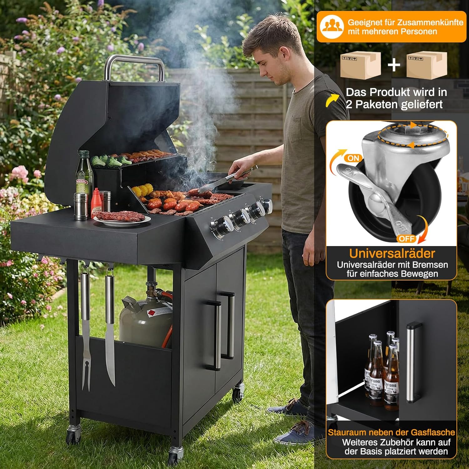 LIFERUN Gasgrill 3+1 Edelstahl Brenner,13,5 kw Gas Grillwagen BBQ mit Seitenkochfeld,Gasgriller mit Thermometer,4 PCS Bremse Rollen,DE I3B/P(50) Gasdruckregler,Grillküche Camping Garten(Butan/Propan)