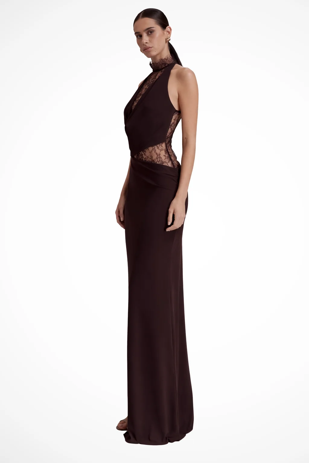 Damen Maxi-Kleid mit Neckholder und Spitzen-Einsatz | ?rmelloses Bodenlanges Abendkleid f��r Hochzeitsg?ste und Events