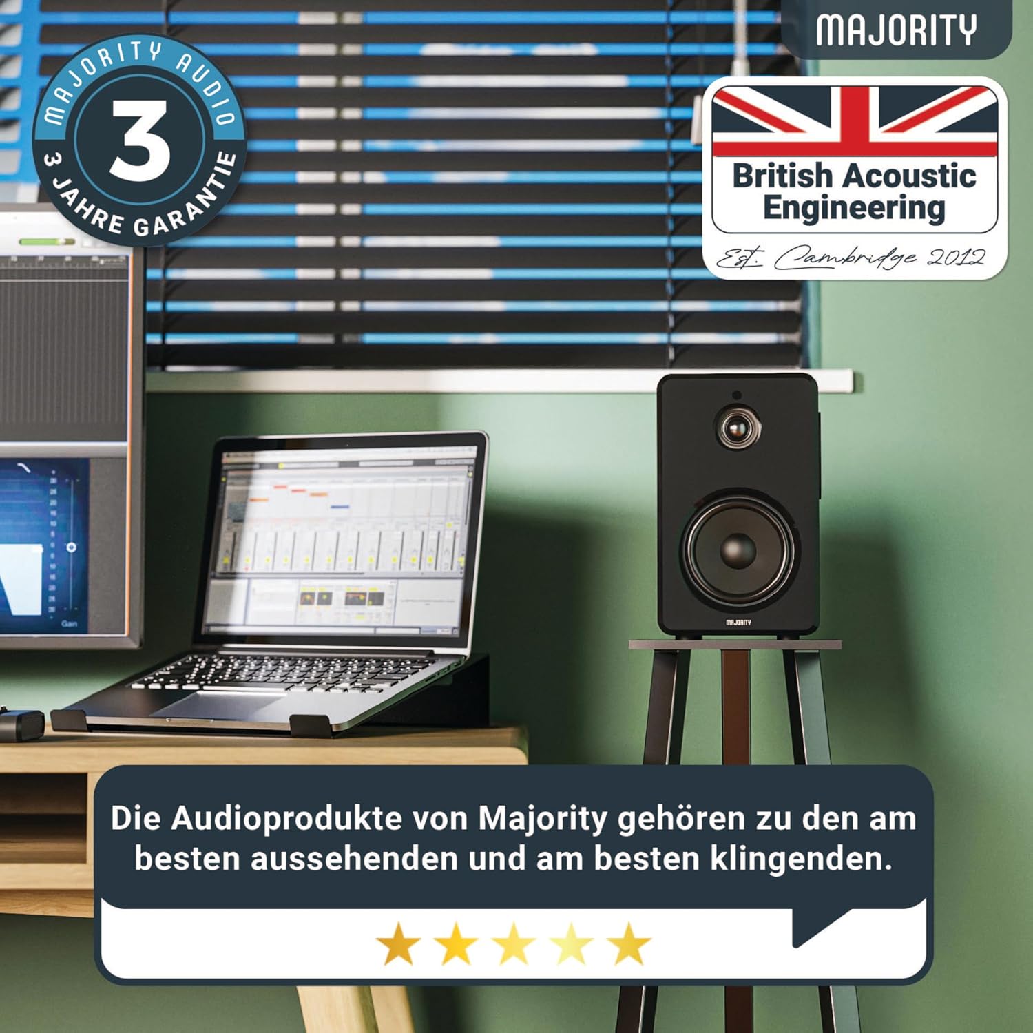 MAJORITY D40 Bluetooth Lautsprecher Boxen | 60W 2.0 Aktivlautsprecher | Studio Monitor mit 4-Treiber | Regallautsprecher für HiFi Stereo mit Optischer, RCA-, USB- und AUX-Eingang | Fernbedienung