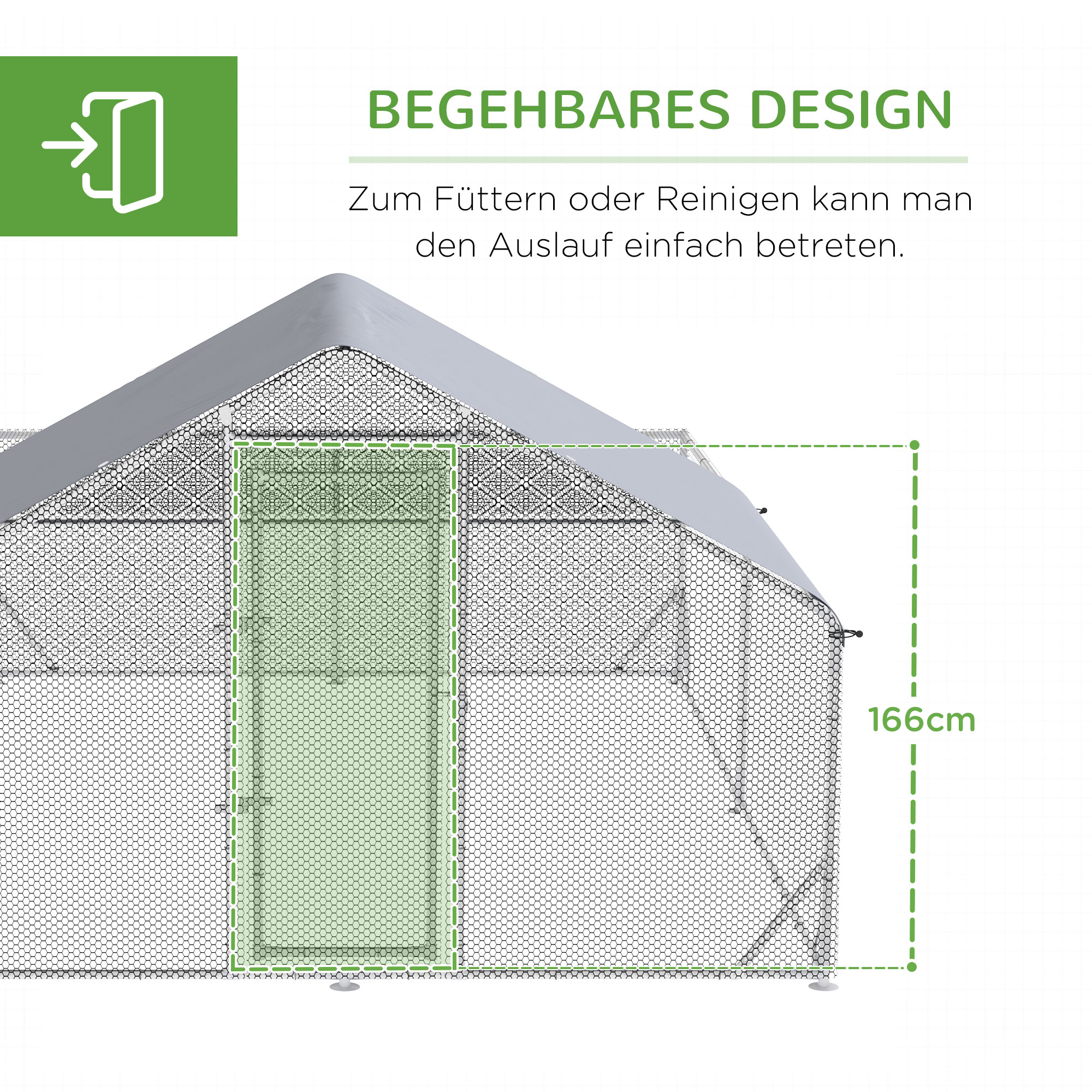 PawHut kippenhok buitenren, 400 x 300 x 195 cm kippenhok met beschermdak