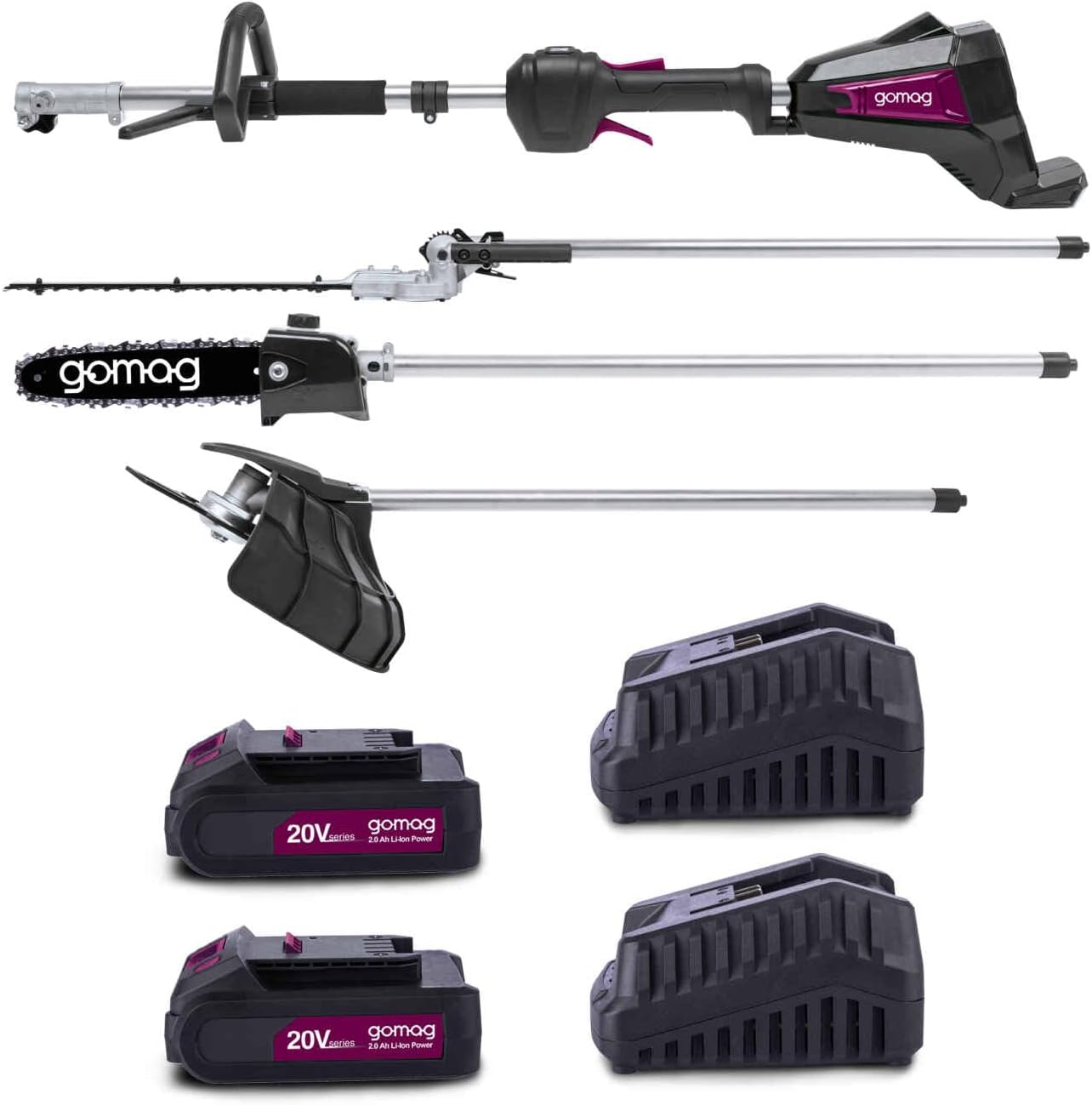 Gomag Akku-Multifunktionsgerät GO-GMG400BL Set S2 2x20V brushless | 4in1-Funktion | Rasentrimmer, Freischneider, Heckenschere, Hochentaster | inkl. 2X 2Ah Akku & 2,4 A Ladegerät