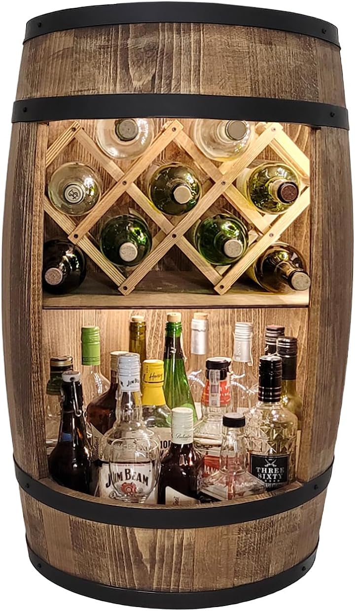 weeco Fassbar mit LED Beleuchtung und Weinhalter. Weinregal - Holzfass Hausbar 80cm. Rustikaler deko Barschrank Weinständer – Fass. Fassbier, Wein Flaschenständer - Bar Whisky Geschenk (Dunkelbraun)
