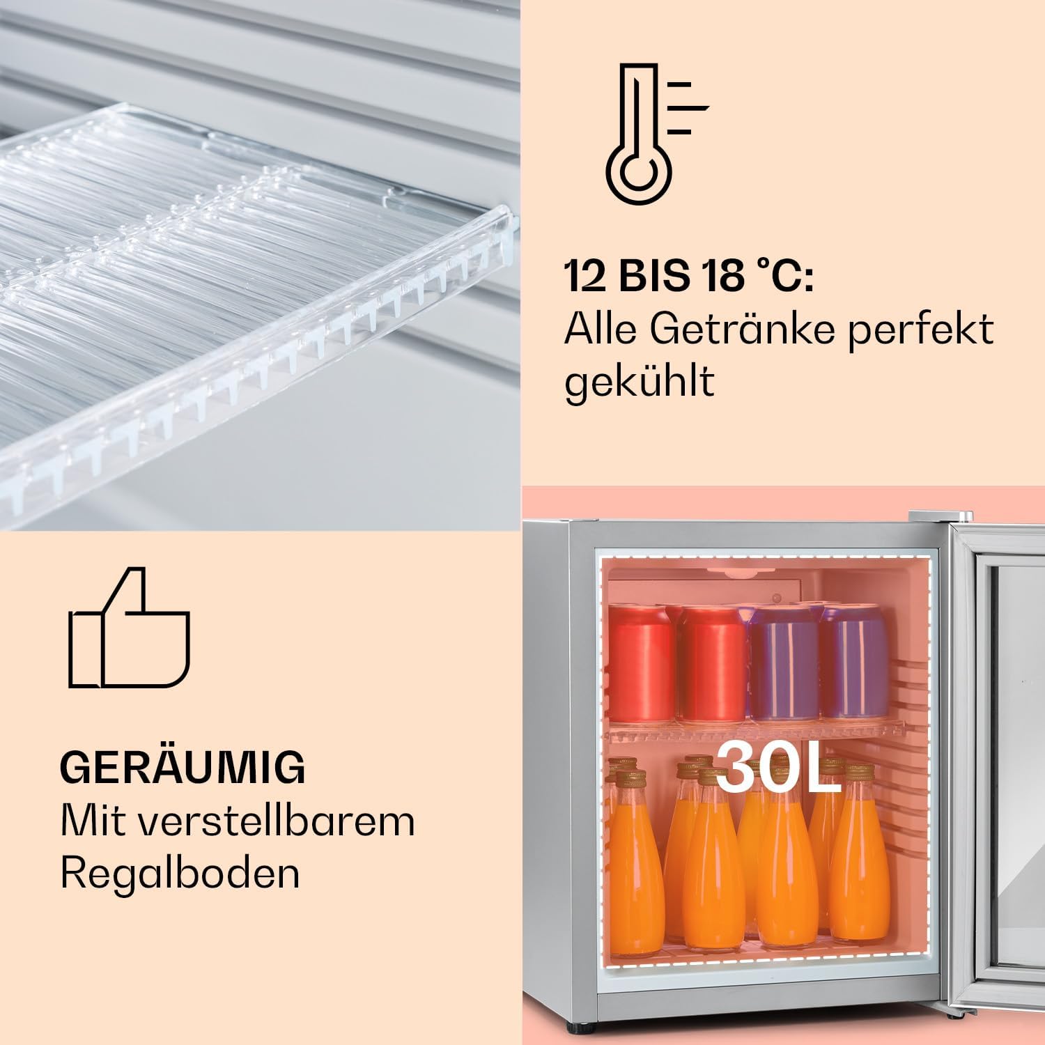 Klarstein Kühlschrank, Mini Kühlschrank mit Glastüre, Mini-Kühlschrank für Getränke, Snacks & Kosmetik, Kühlschrank Klein & Leise, Verstellbare Ablagen, Kleiner Skincare Kühlschrank 12-18°C, 32L