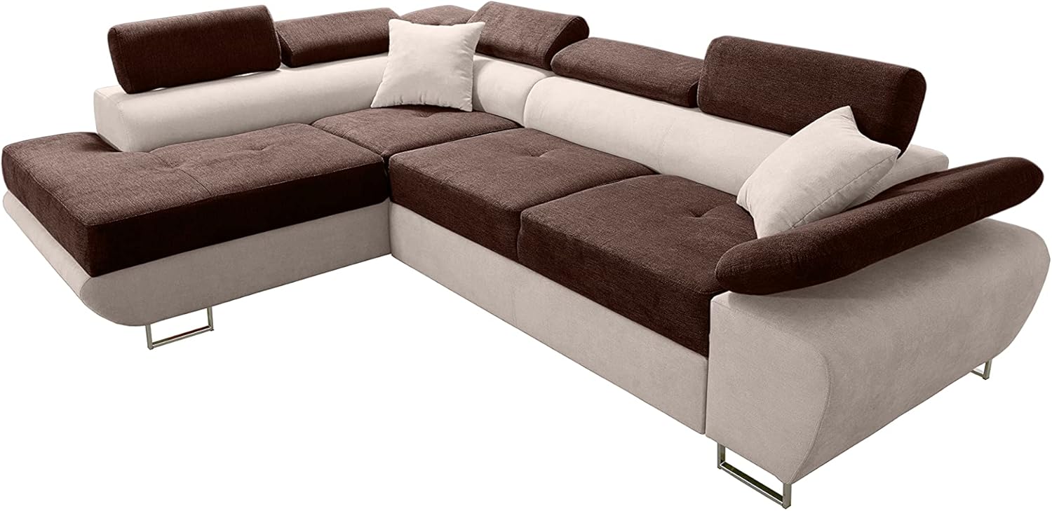 Robin Inspire Saturn Premium Ecksofa Schlaffunktion Bettkasten Verstellbare Kopfstützen Kissen Sofa L-Form Schlafsofa Freistehende Eckcouch Schlafcouch Wohnzimmermöbel Wohnlandschaft Links Braun Creme
