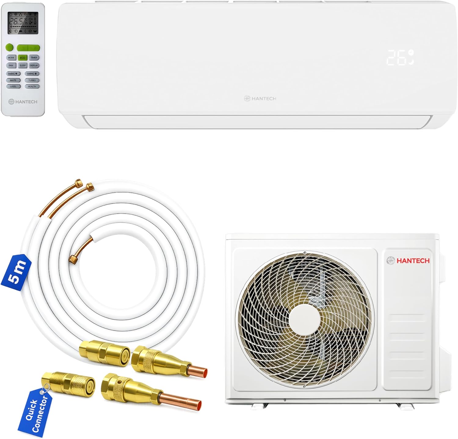 Hantech Split Klimaanlage 9000 BTU 2,6 kW mit Quick Connect Set – WLAN, Wandhalterung & 5 m Leitung – Klimagerät für Wohnung & Schlafzimmer, WIFI, App und Fernbedienung