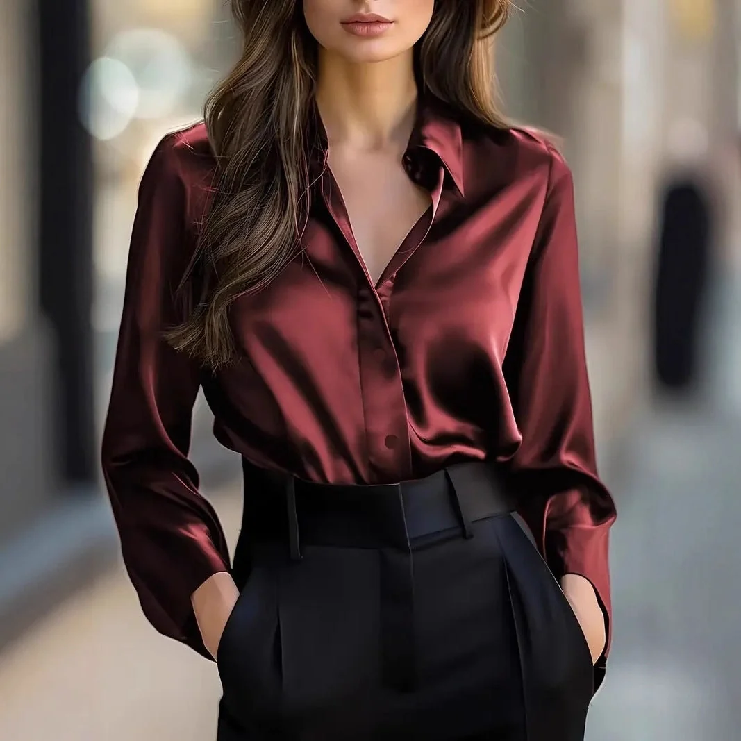 Damen Satin-Bluse mit Knopfleiste und langen ?rmeln
