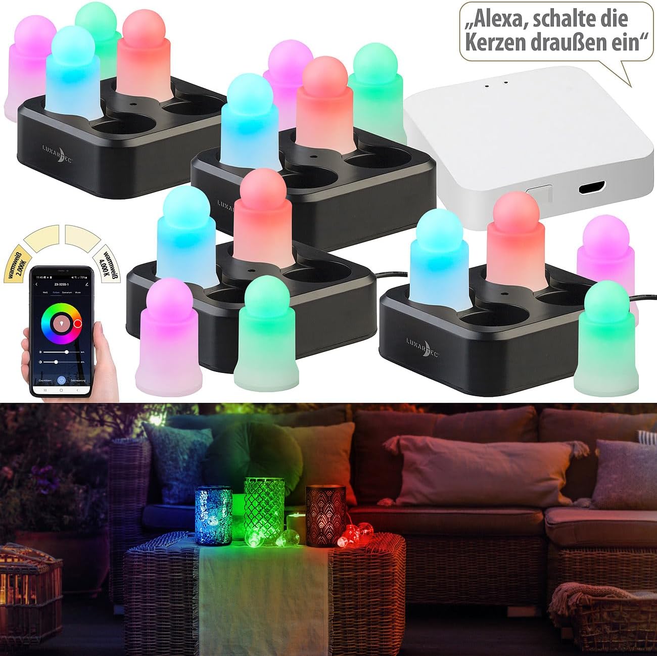 Lunartec LED-Kerzenlampe: 16er-Set wetterfeste LED-RGBWW-Kerzen mit Akku, Ladeschale, Gateway (Partylichter, WLAN-Kerzen, Home)