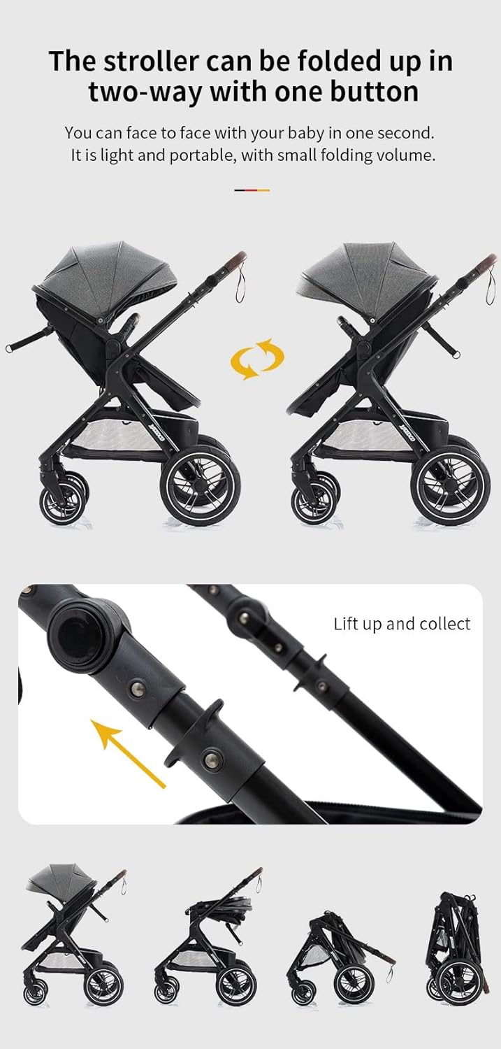 YAZOCO kinderwagen 3 in 1 Buggy Babybett Komplett Set Einem Klick Zusammenklappbarer Kinderwagen, KombiKinderwagen Aluminiumrahmen für Neugeborene Sitzzubehör (1 schwarz)