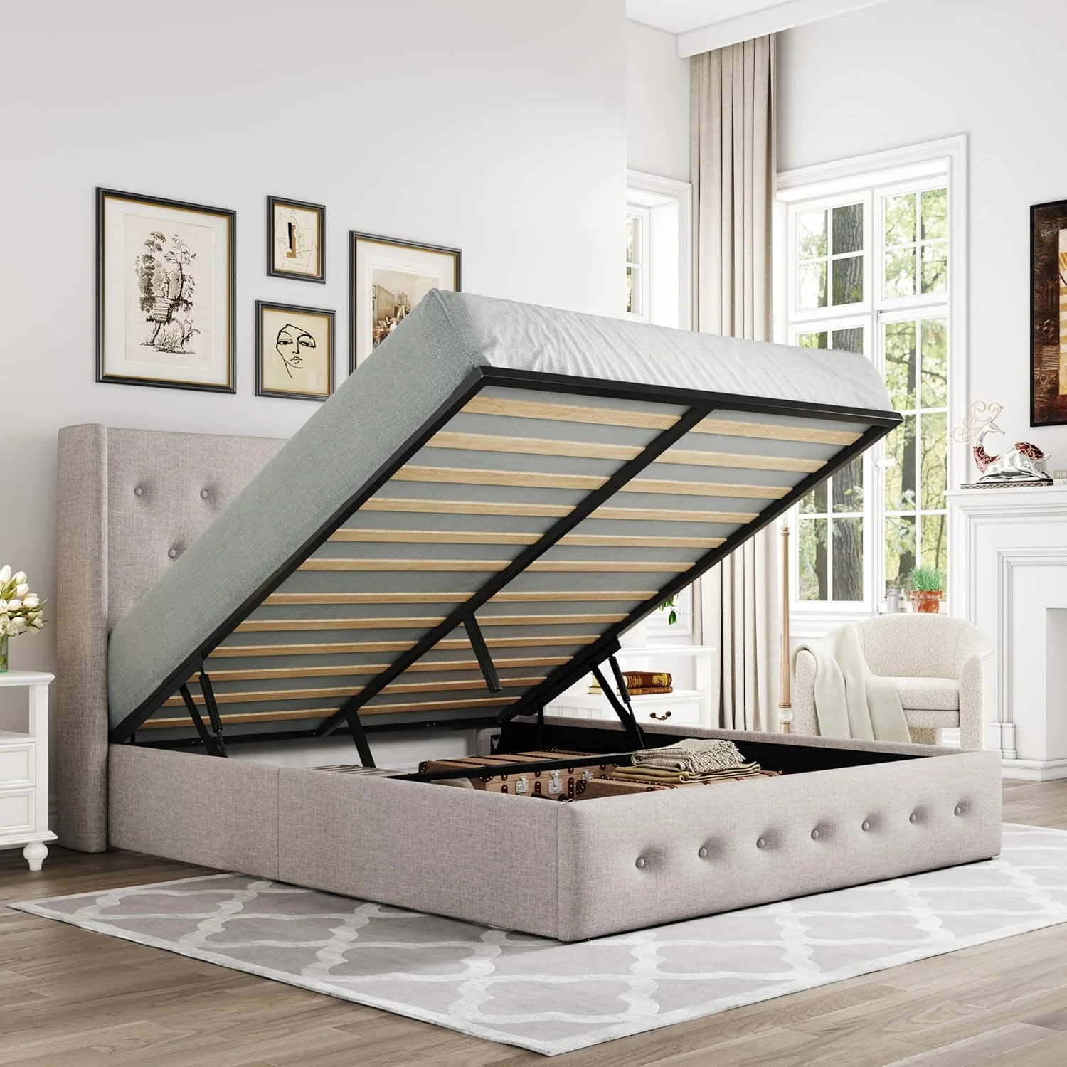 Allewie Queen Size Lift Up Storage Bed Modern Wingback Headboard Hydraulic Support