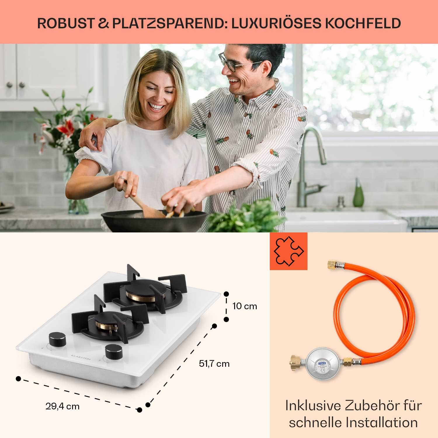Klarstein Gasherd, Gaskochfeld 4 Flammig, Einbau-Gaskocher für Zuhause & Wohnmobil, Campingkocher mit Glasplatte, Gasherd für Propan- und Erdgas, Edelstahl Gas-Herdplatte Wok Brenner 8000 Watt