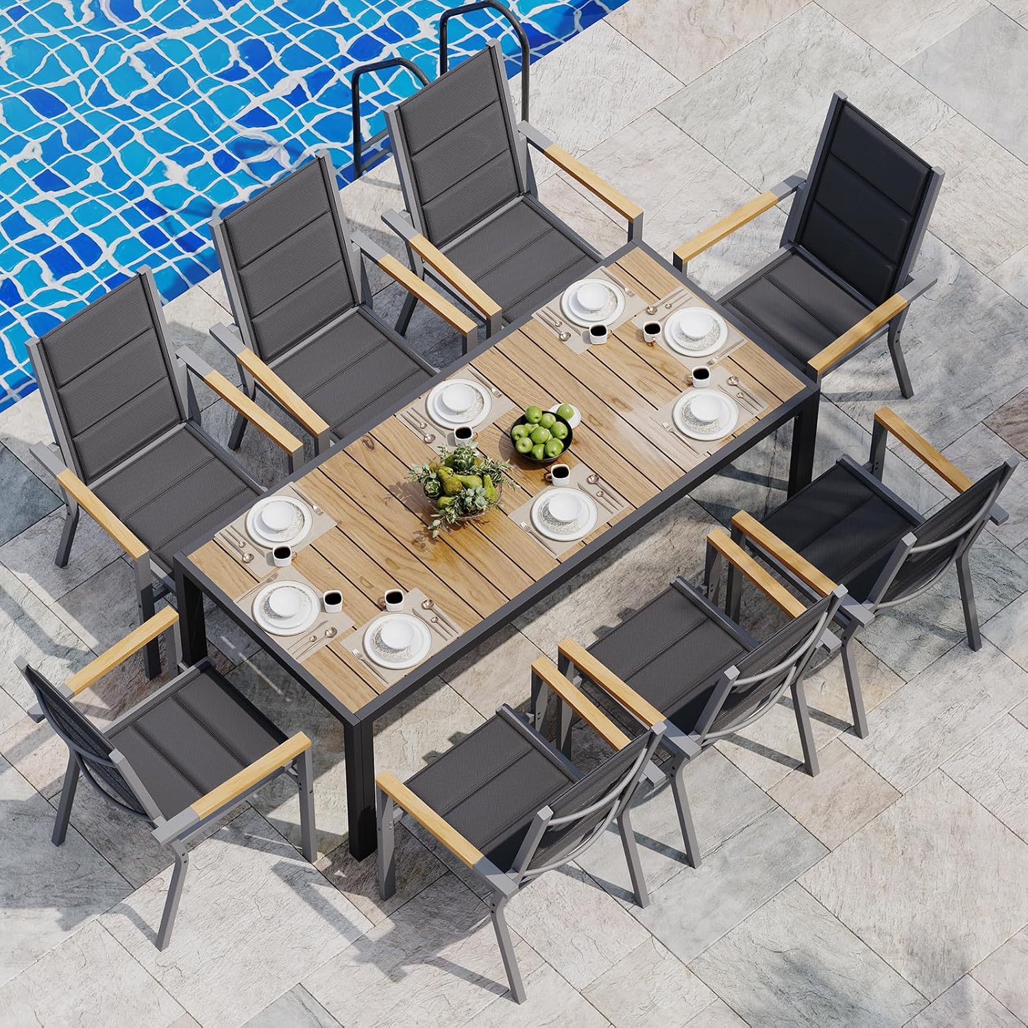 JUMMICO Gartenmöbel Set Terrassen Set Aluminium Gestell mit Holzoptik PS Tischplatte Komfortabler Hochlehner Einfach Montiert,8 Personen Set