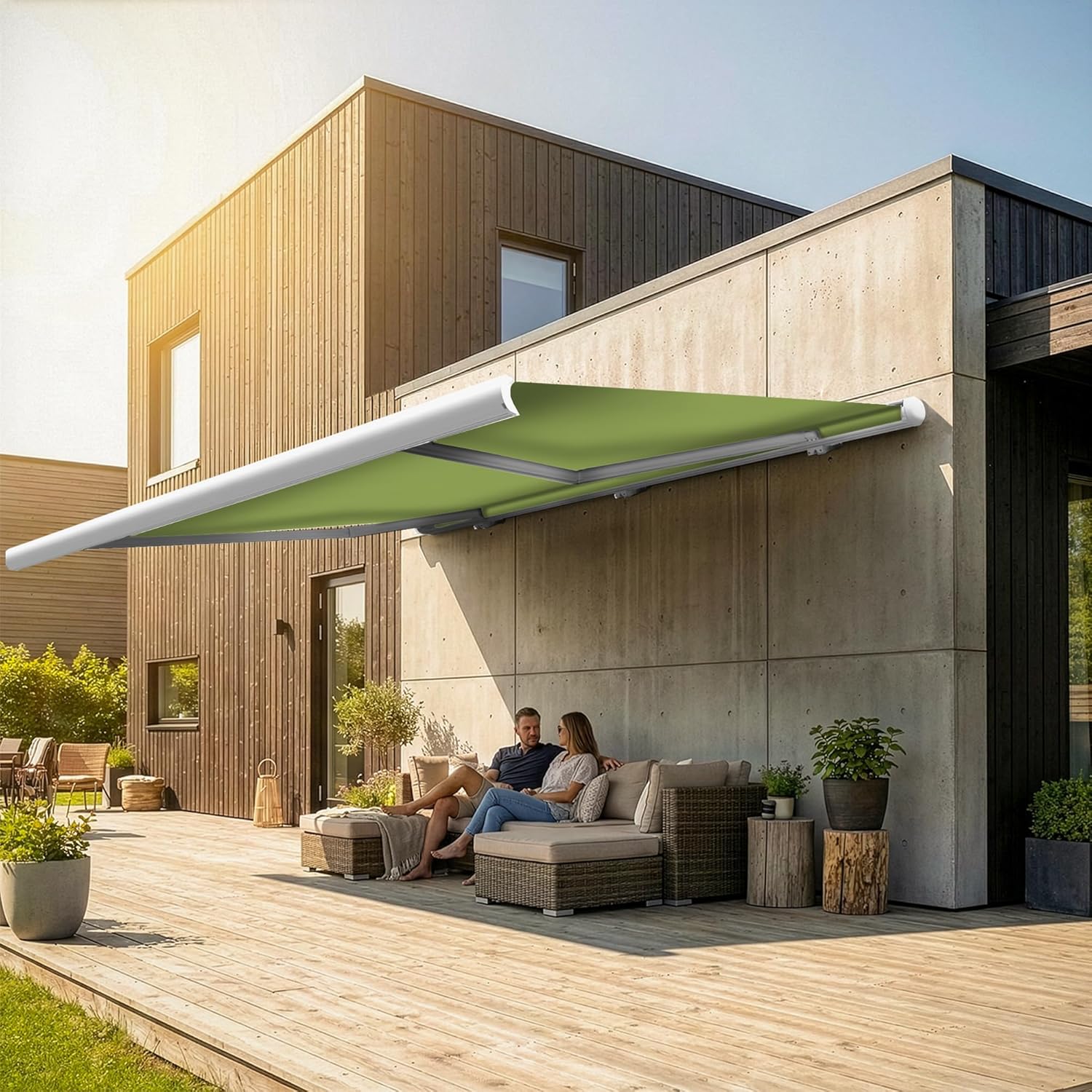 Eclipse Vollkassettenmarkise Premium elektrisch 4,5x3m Markise Balkon Terrassenüberdachung Kassettenmarkise Gelenkarm Polyacryltuch UV-Schutz 50+ Smarthome-fähiger Dooya Motor, Markisentuch: Apfel