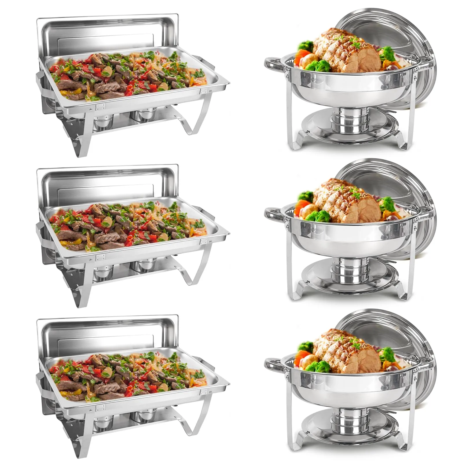 Chafing Dish Buffet Set 6 Packs 5QT Round & 8QT Rectangle Stainless Steel Chafer