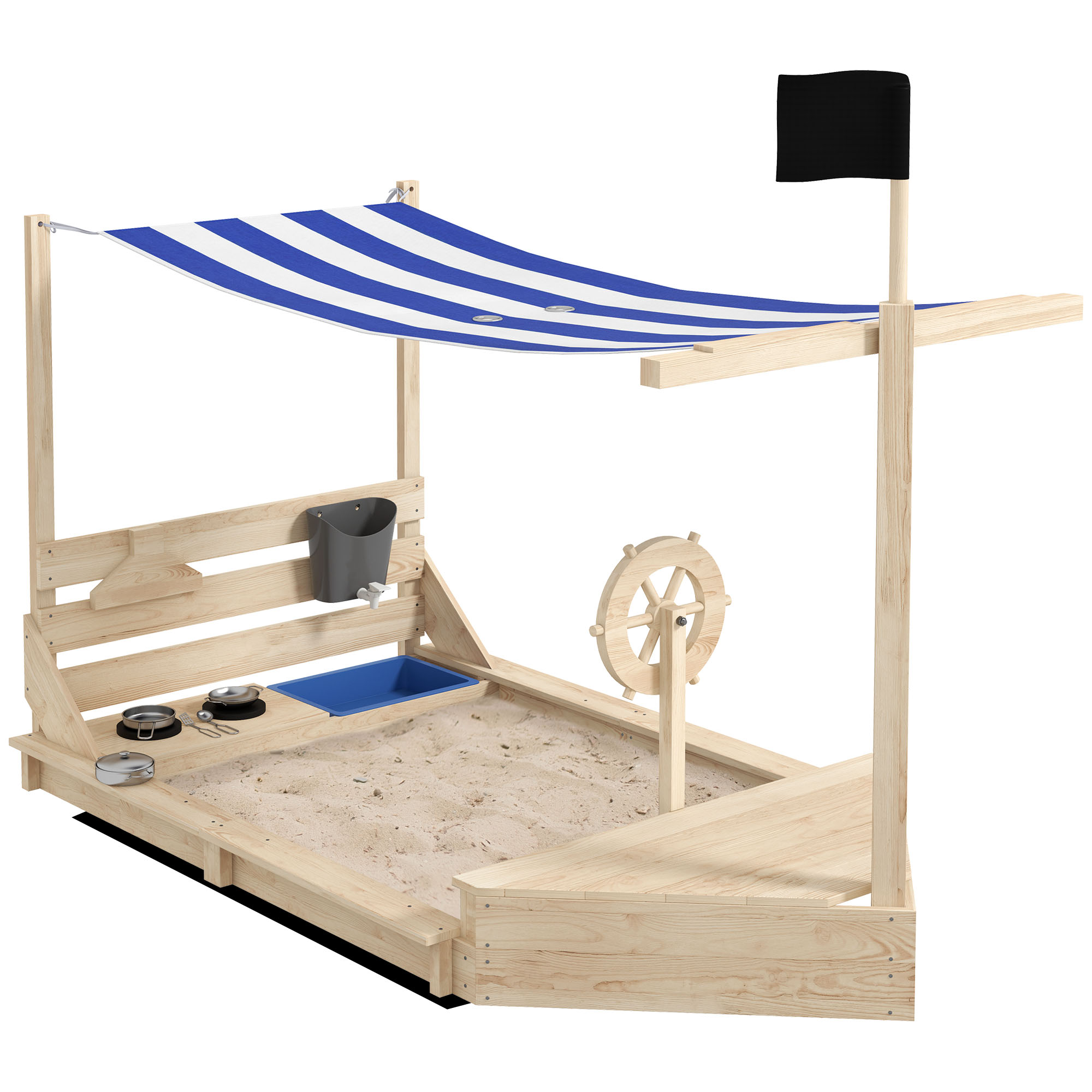 Zandbak, piratenschip ontwerp, met speelkeukenset, zonnescherm, natuurlijk hout, 180 x 103 x 144,5 cm