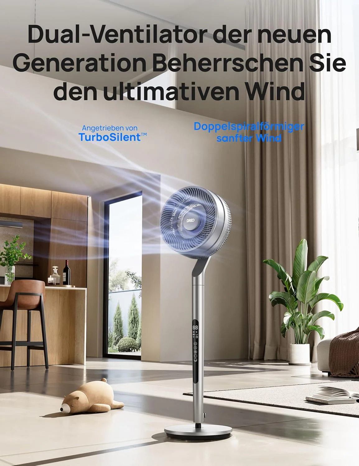 Dreo Staande ventilator met slimme bediening, 101,6-111,8 cm in hoogte verstelbaar, stille DC-ventilator voor de slaapkamer, 120��+85�� omnidirectioneel oscillerende ventilator, 30,5 m luchtstroom, 10