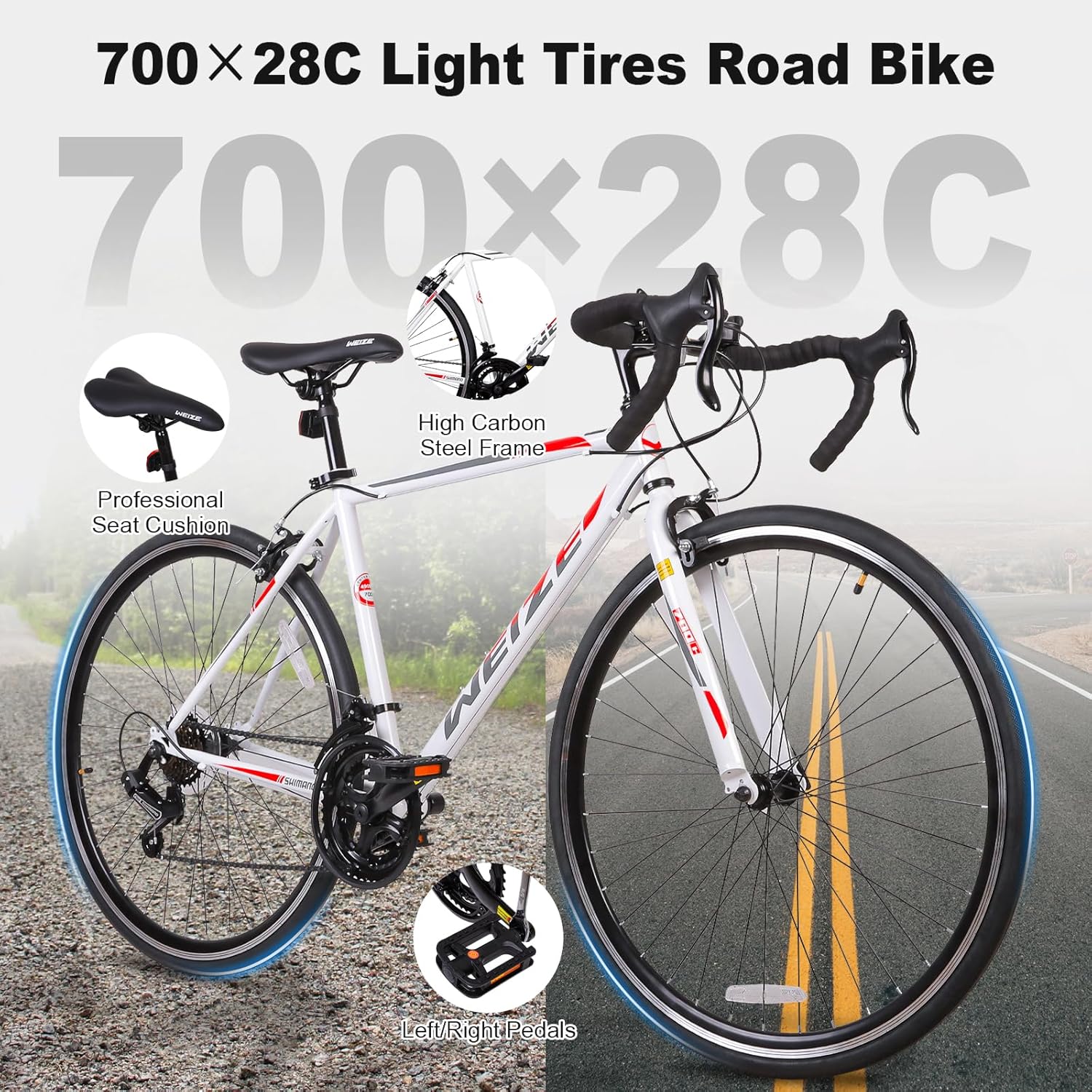 WEIZE Road Bike, 700C Wheel City Commuter Bicycle, Shimano 14 Speed Drop Bar, Racing Adult Bike with Caliper Brakes, High-Carbon Steel Hybrid Bikes