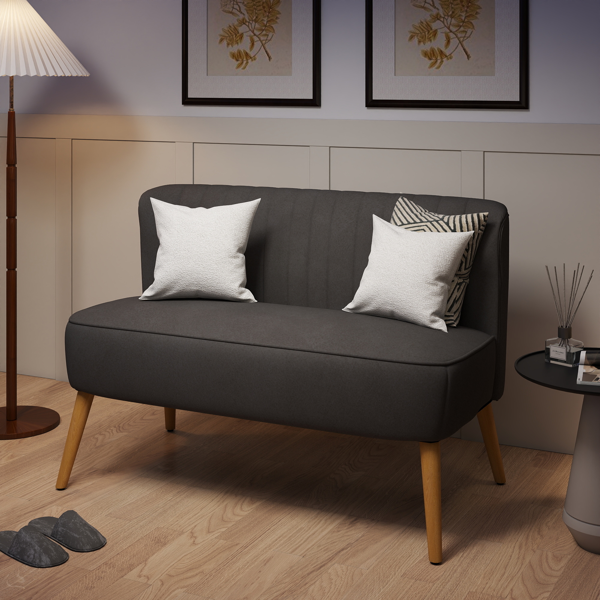Sofa Retrodesign 2-zitsbank, houten poten, 117 cm x 56,5 cm x 77 cm, Donkergrijs