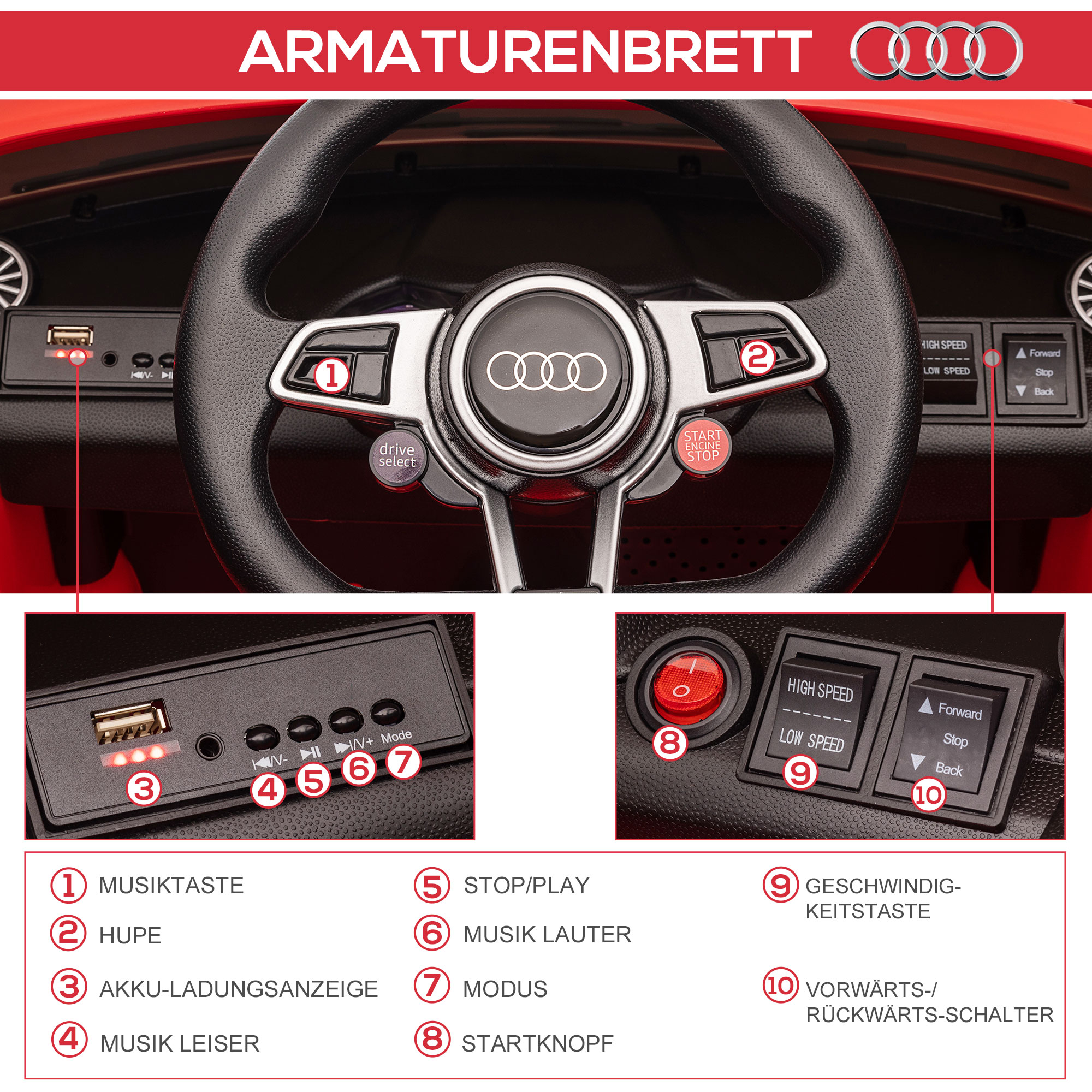 ? kindervoertuig elektrische auto Audi TT RS afstandsbediening MP3 3-8 jaar PP rood 103 x 63 x 44 cm | Aosom.de
