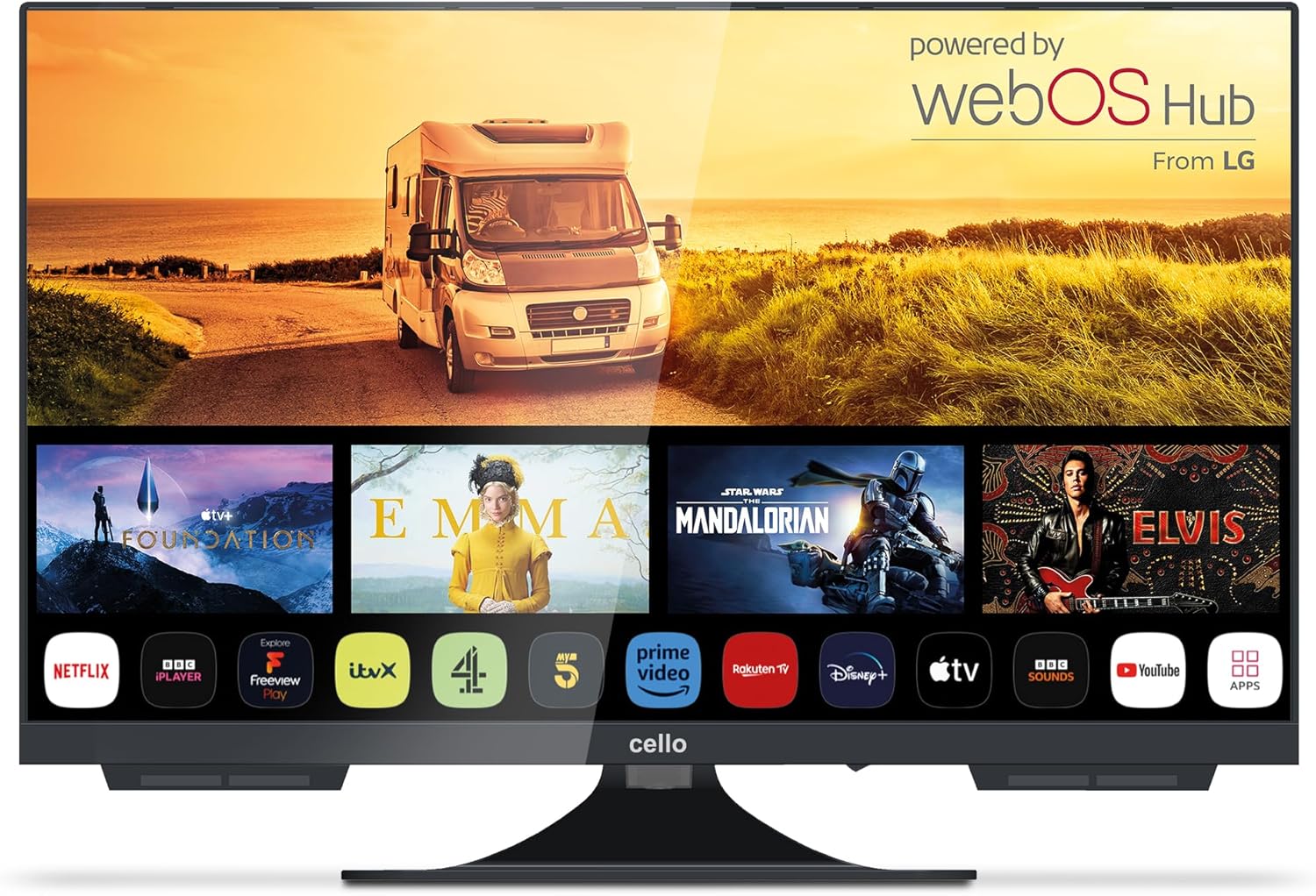 Cello C2224WS 12 Volt 22 Zoll Traveller Smart rahmenloser Fernseher Ultrafast WebOS, Pitch Perfect Lautsprecher Bluetooth, Netflix, Kleiner Fernseher für Wohnmobile und LKWs