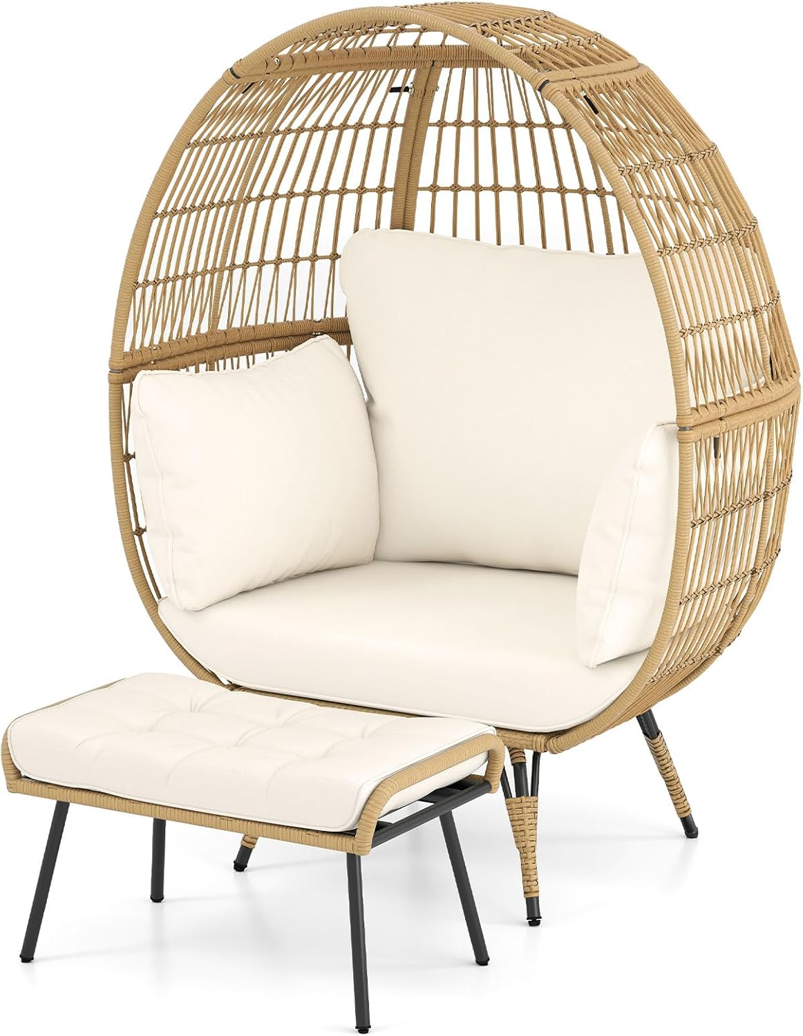 COSTWAY Korbsessel Rattan mit Hocker, übergroßer Gartensessel mit Kissen und Metallgestell, Rattansessel XXL, Loungesessel für Balkon, Garten, Wohnzimmer, Terrasse, Beige