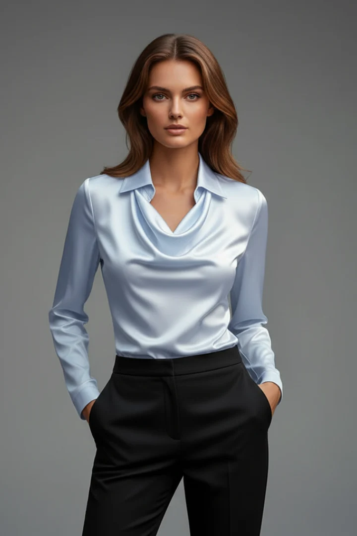 Satinbluse Damen mit Wasserfallausschnitt und Langarm | Elegante Bluse mit flie?endem Fall und geradem Schnitt f��r das Layering