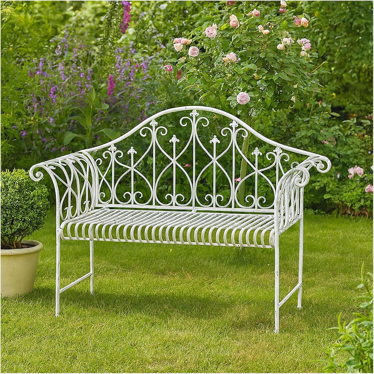 HTI living Metall Gartenbank Weiß romantisch nostalgisch Sitzbank Nostalgische Metallbank
