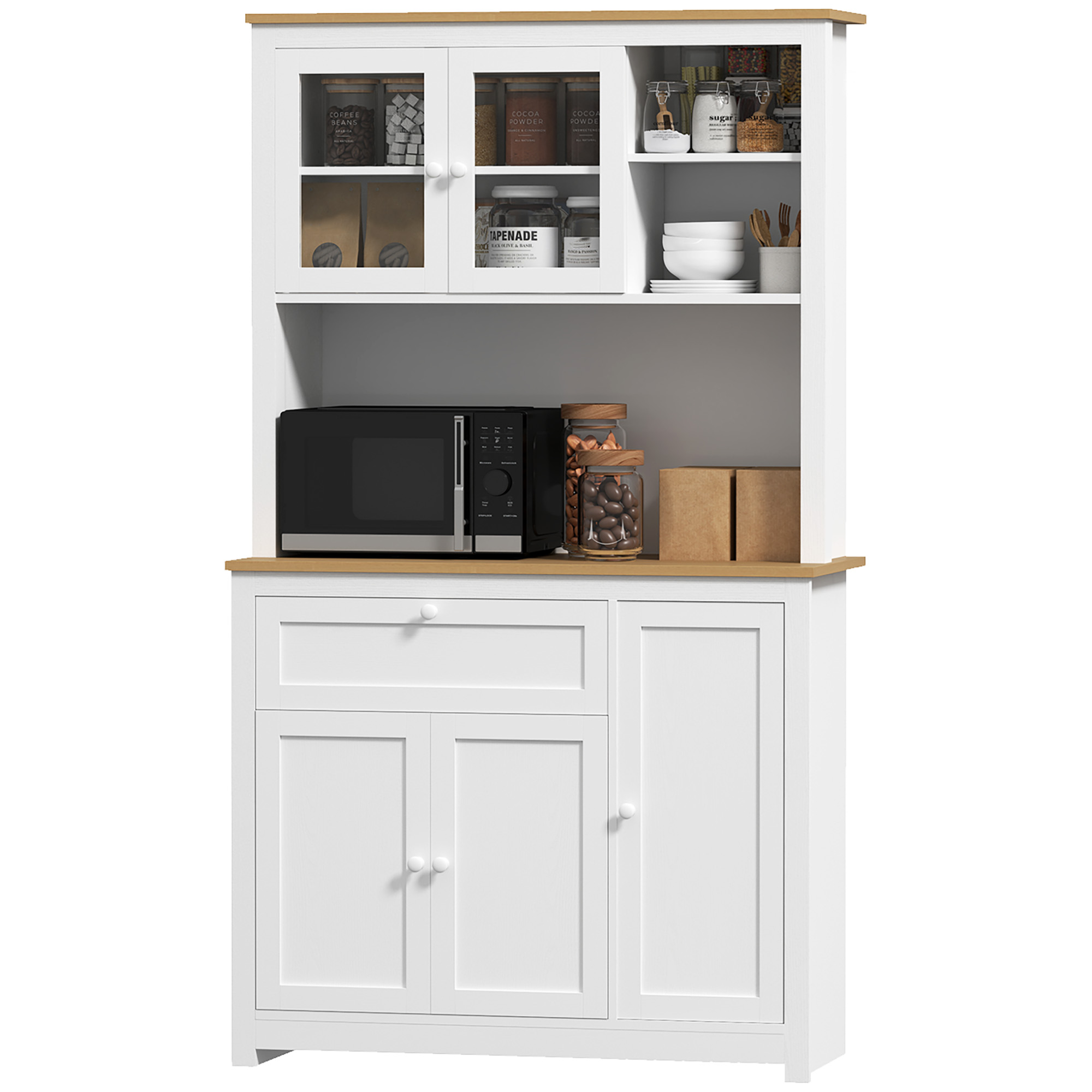 Landhuisstijl Keukenkast, 1 Vitrine, 1 Open Schap, 1 Lade, 2 Kasten, Natuur + Wit