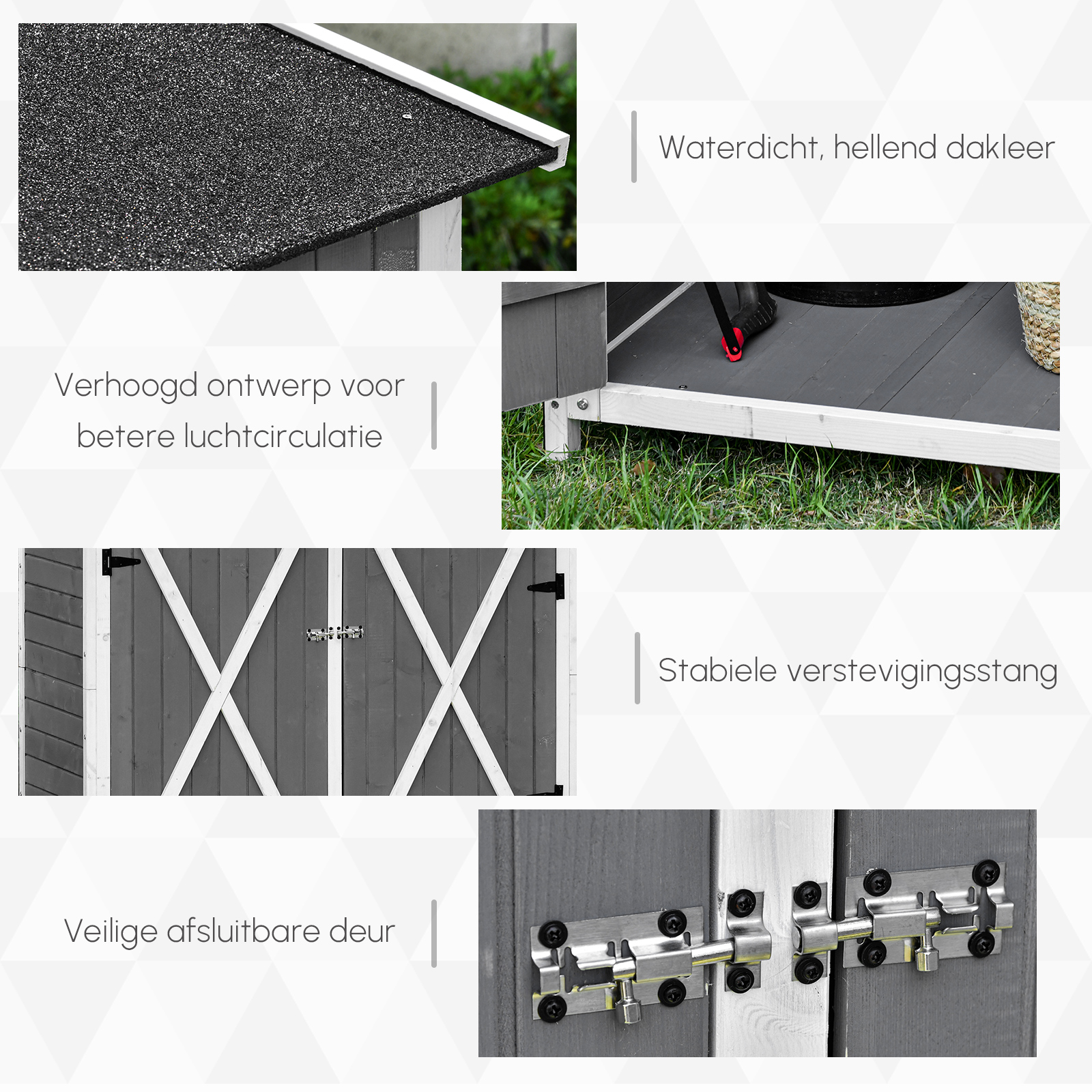 gereedschapsschuur met 2 deurs gereedschapskast met asfaltdak Tuin opbergkast anti-dumping design met grondspijkers dennenhout grijs + wit 139 x 75 x 160 cm