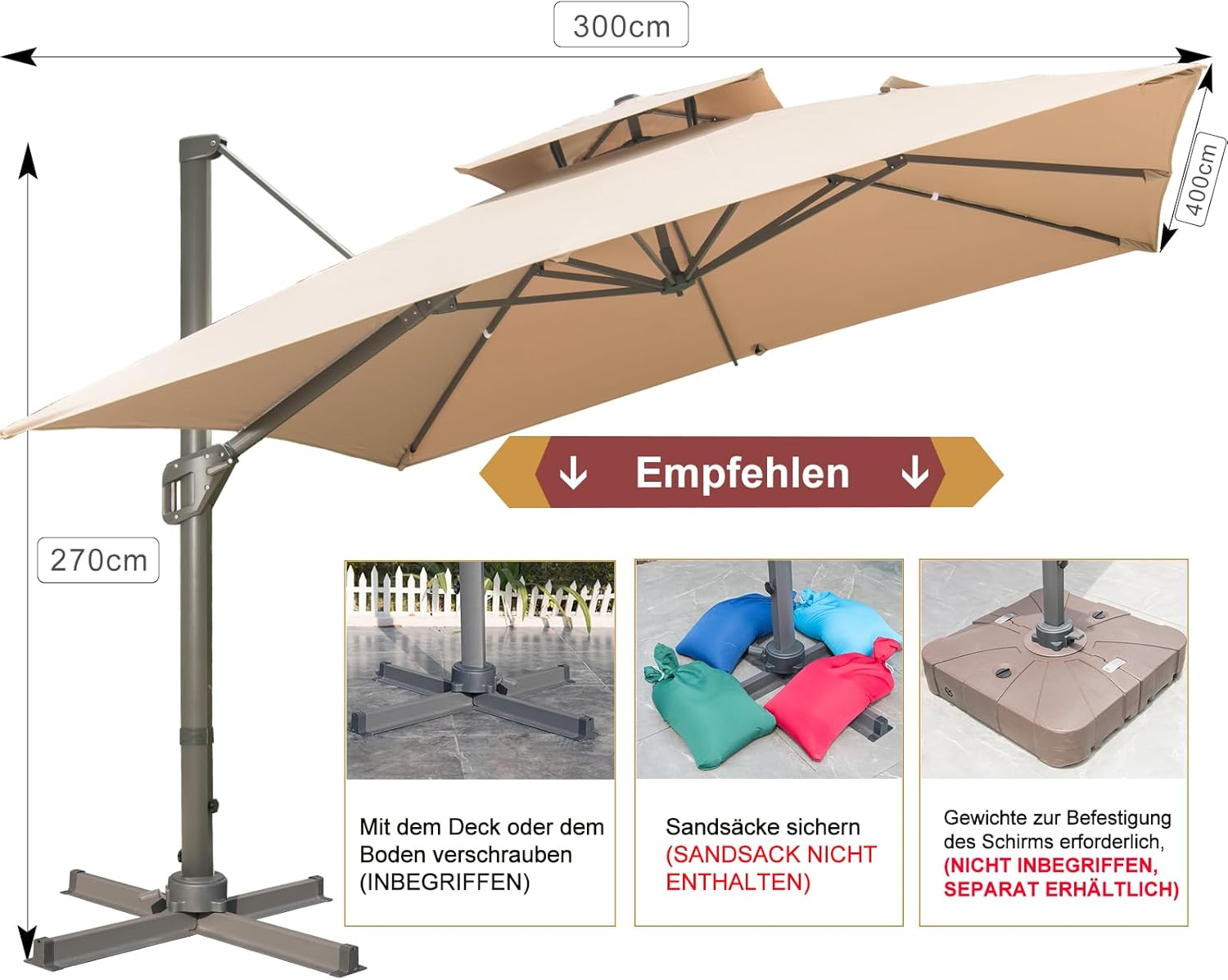 LKINBO Sonnenschirm 300 x 400 cm Rechteckig mit Ständer und Kurbel, Groß Ampelschirm Terrassenschirm 360°Drehbar Parasol Windfest Gartenschirm Wasserdicht Marktschirm für Garten Deck Outdoor, Khaki