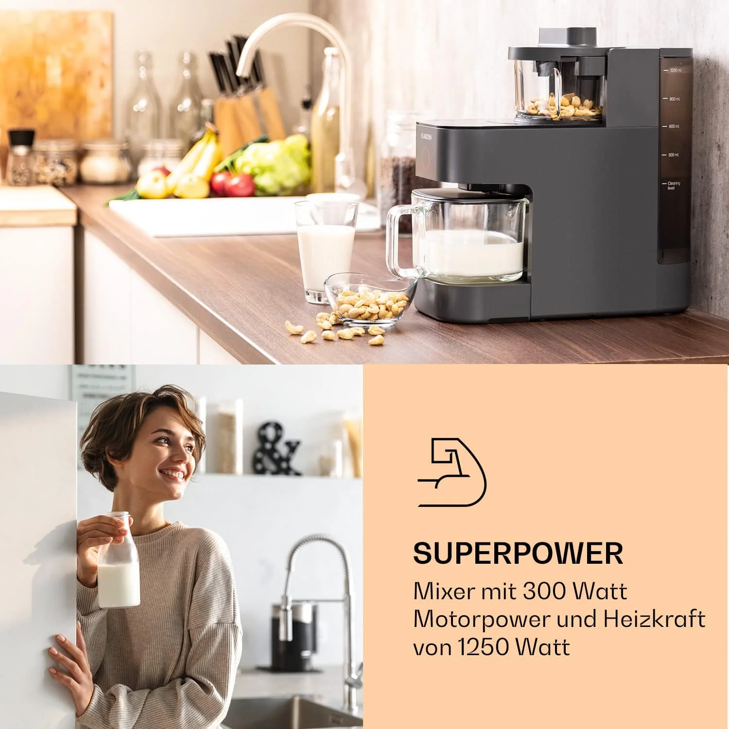 Klarstein Mixer, staande mixer met 300 W motorvermogen en 1250 W verwarmingsvermogen, krachtige mixer voor de bereiding van plantaardige melk, smoothiemixer met 360�� verwarmingstechnologie, 30.000 tpm, touchscreen, zwart