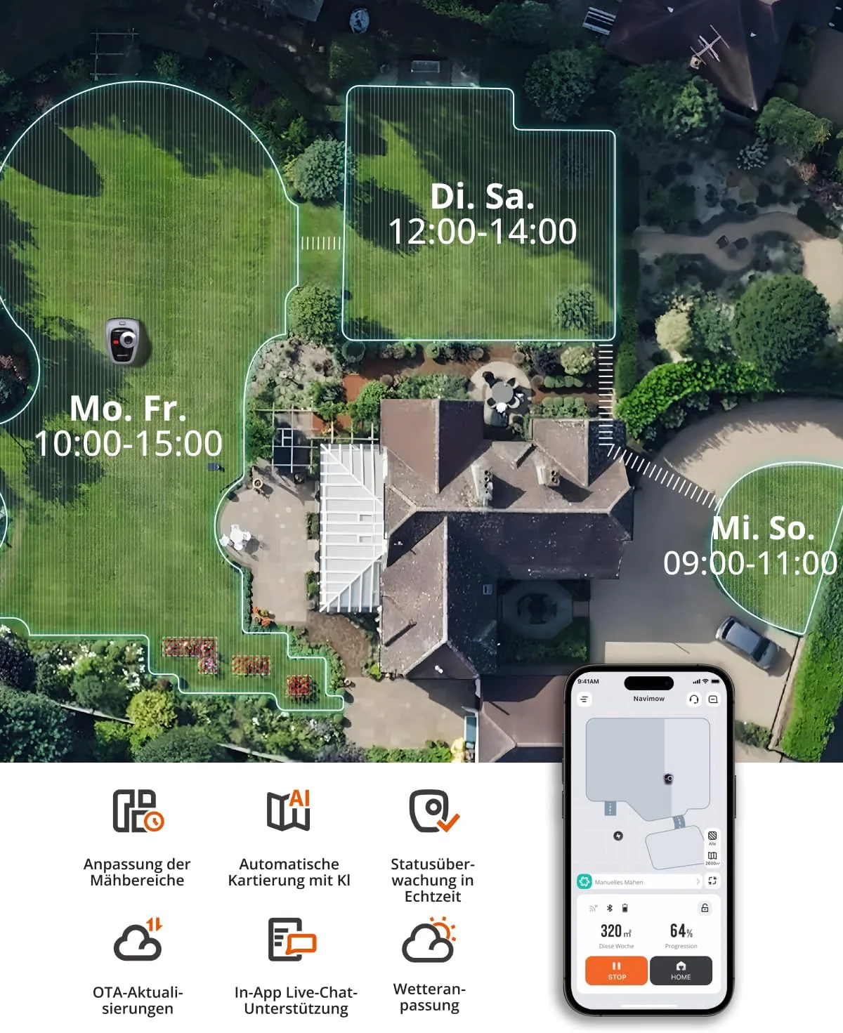 Navimow i105E robotmaaier zonder grensdraad 500 m, RTK+Vision robotmaaier, AI automatische mapping, virtuele begrenzing, beheer van meerdere zones