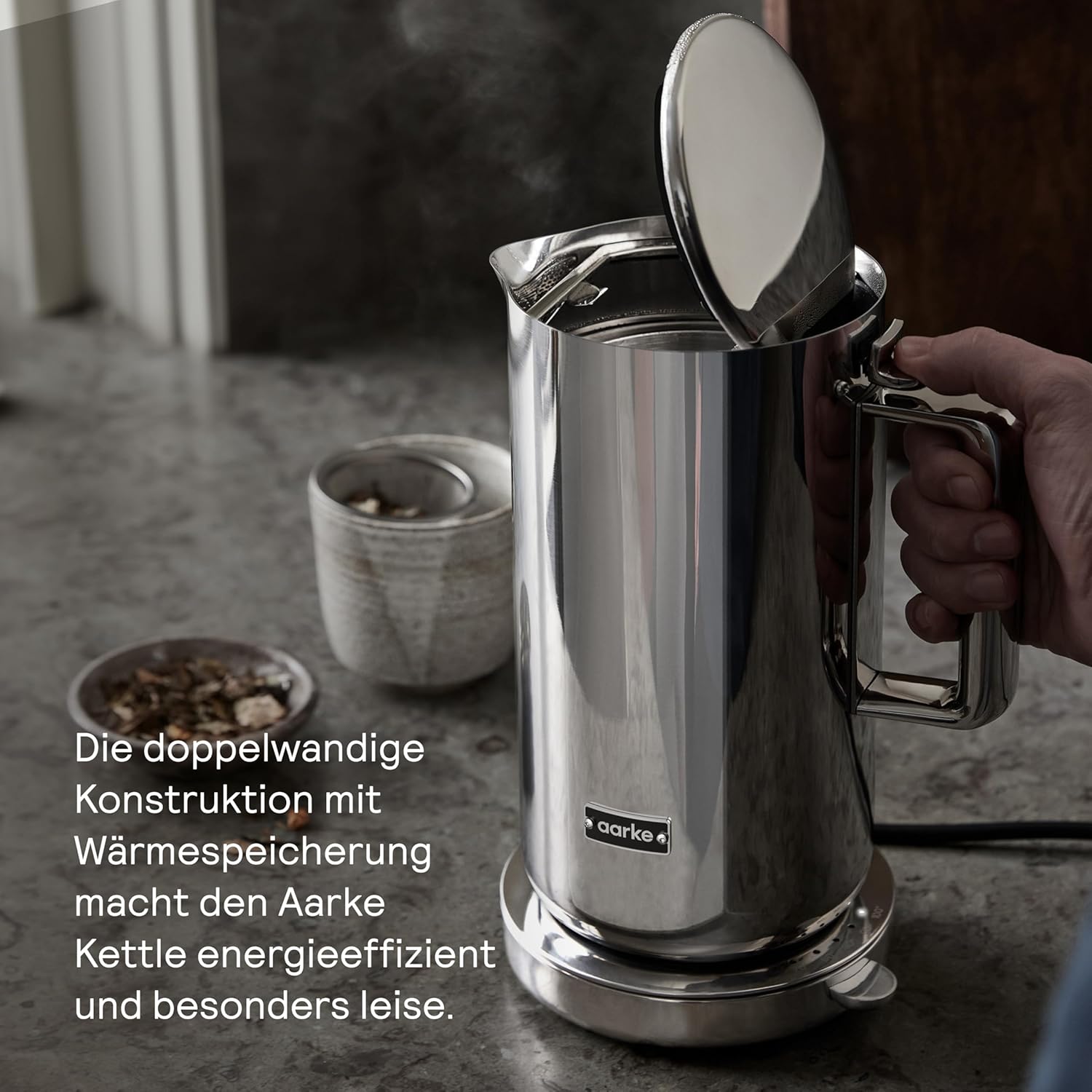 Aarke Wasserkocher aus Edelstahl mit mehreren Temperatureinstellungen, 360° drehbarem Sockel, leisem Kochvorgang und tropffreiem Ausgießer, Fassungsvermögen von 1,2 Litern (Steel)