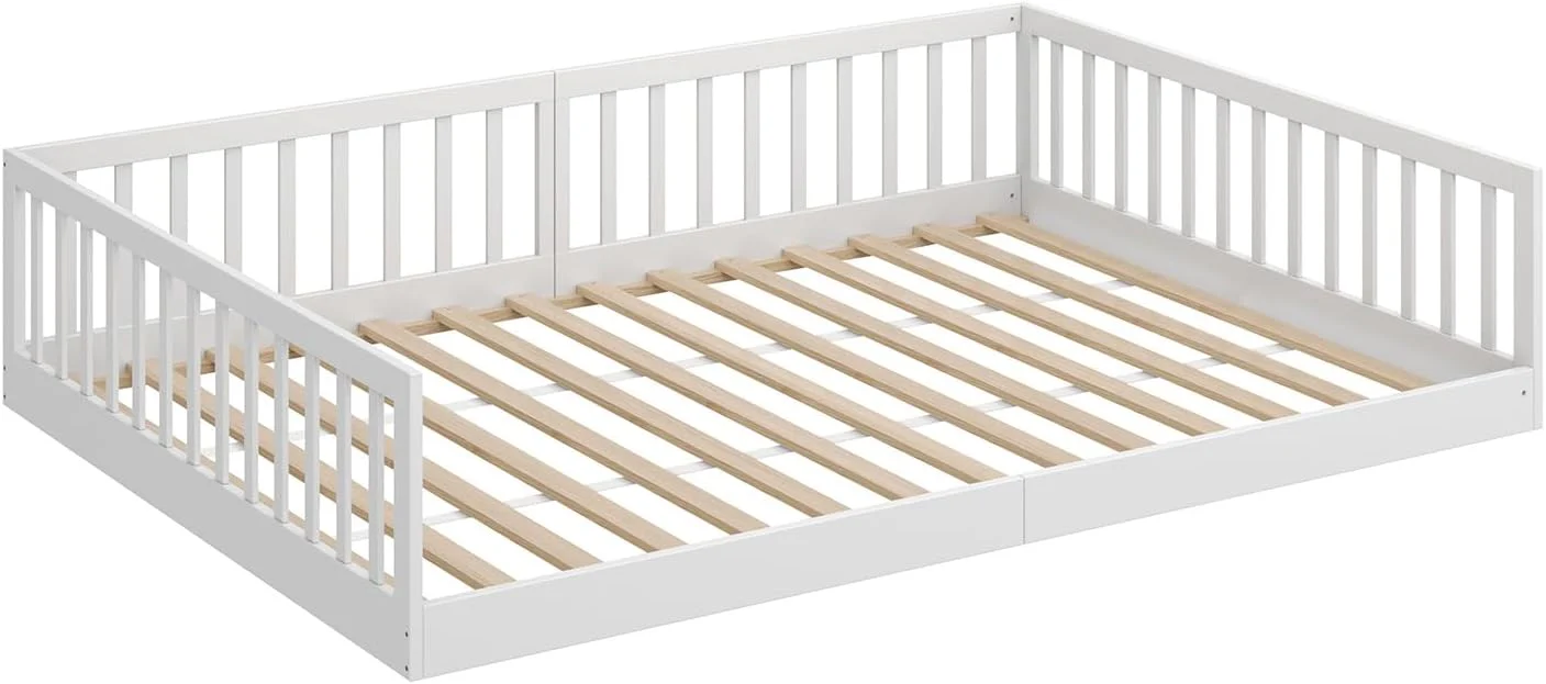 CADANI Timi 2-in-1 Vloerbed 140x200 cm Montessori Kinderbed met uitneembare valbeveiliging incl. lattenbodem, massief grenenhout, wit - 3 opbouwmogelijkheden, belastbaar tot 200 kg, ombouwbaar