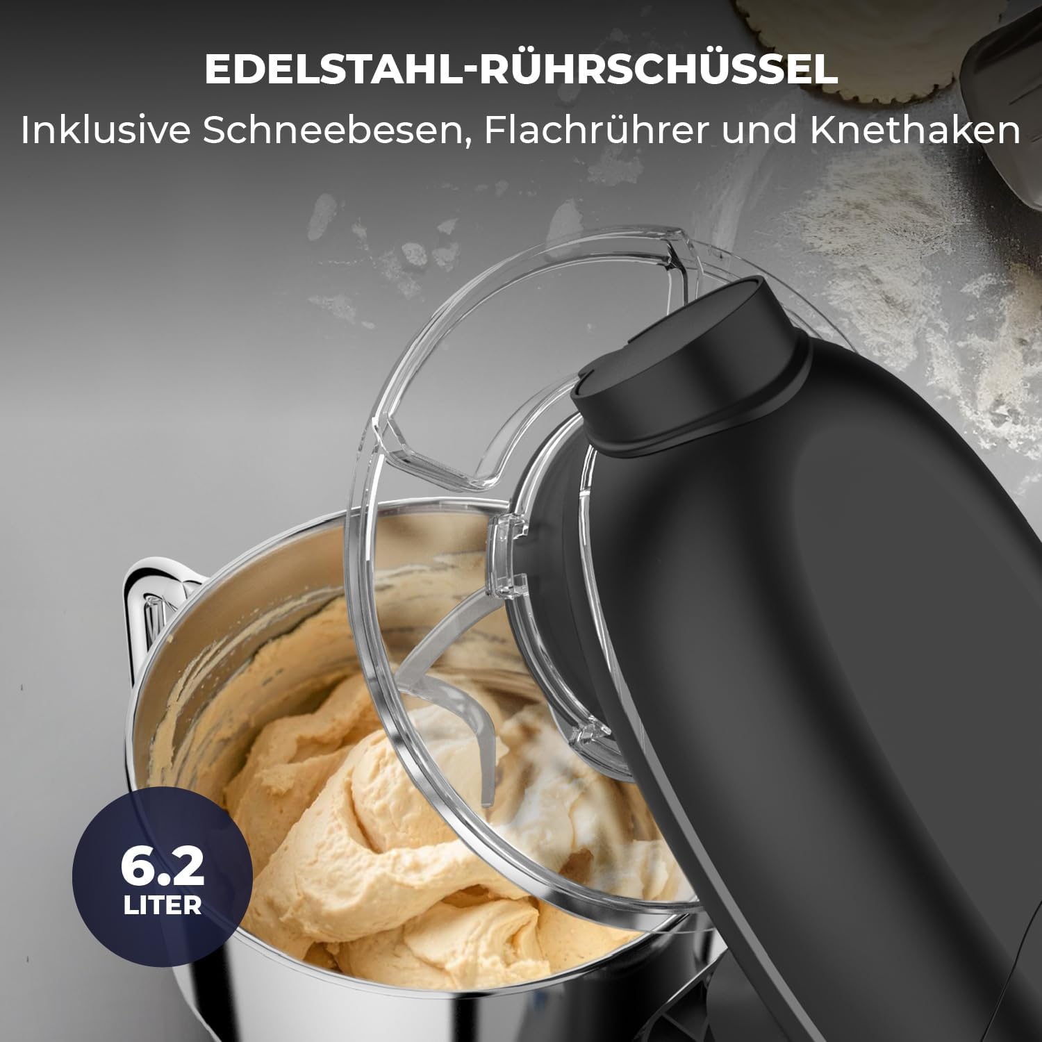 Fentic 6-in-1 Küchenmaschine – 2000W – Mit Fleischwolf, 1,5L Entsafter, Gemüseschneider und Mehr – Knetmaschine mit 6,2L Rührschüssel, Rührhaken, Knethaken, Schlagbesen und Spritzschutz (Schwarz)