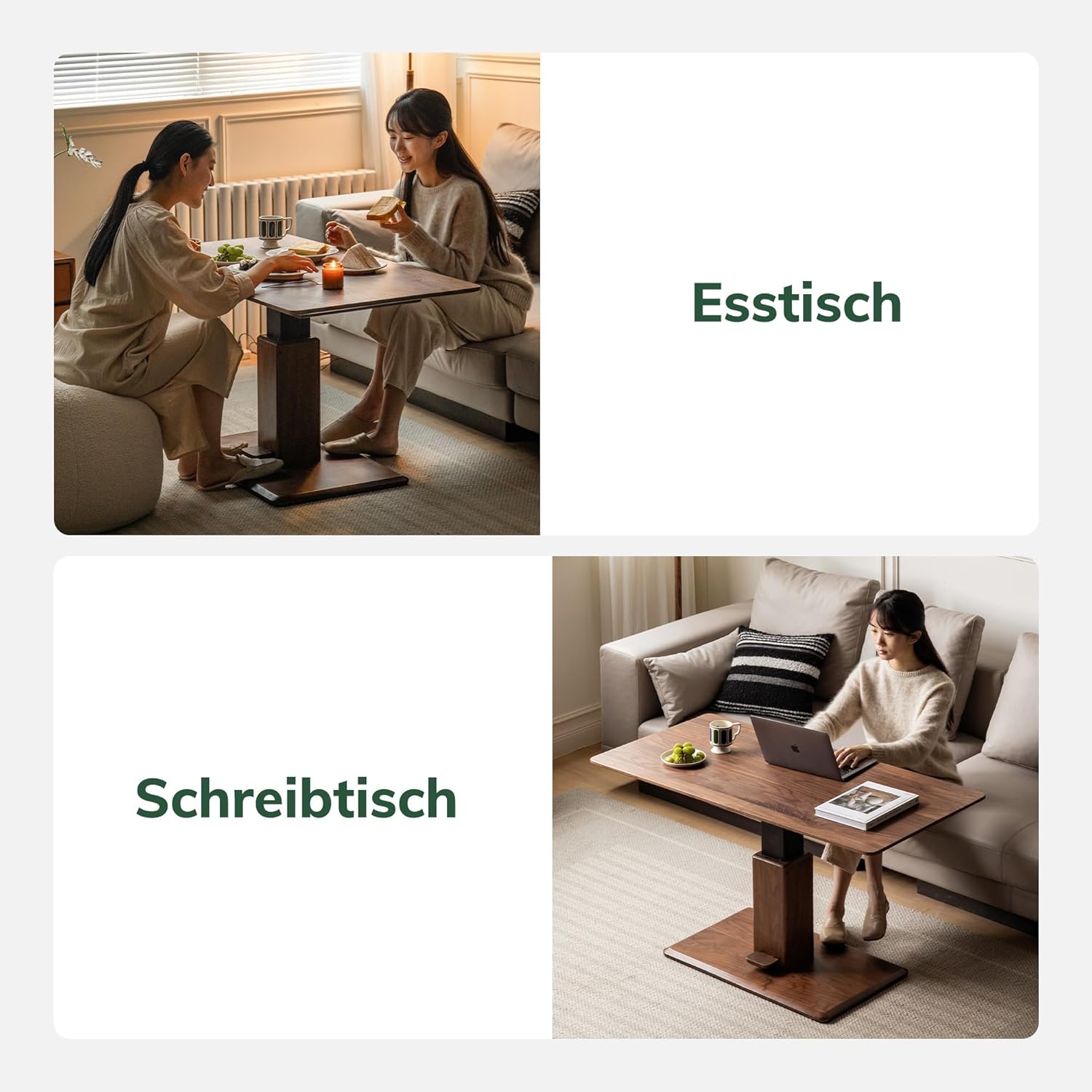 YESWOOD Höhenverstellbarer Couchtisch aus Eiche Massivholz, Modernes Design, Wohnzimmertisch aus Massivholz, Verstellbare Tischplatte 47–72 cm, 100 x 50 x 47 cm, Walnuss