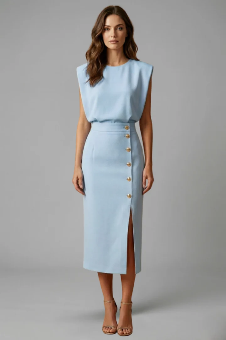 Damen Midikleid mit Rundhalsausschnitt und seitlichem Schlitz | ?rmelloses Kleid mit Knopfleiste und tailliertem Schnitt