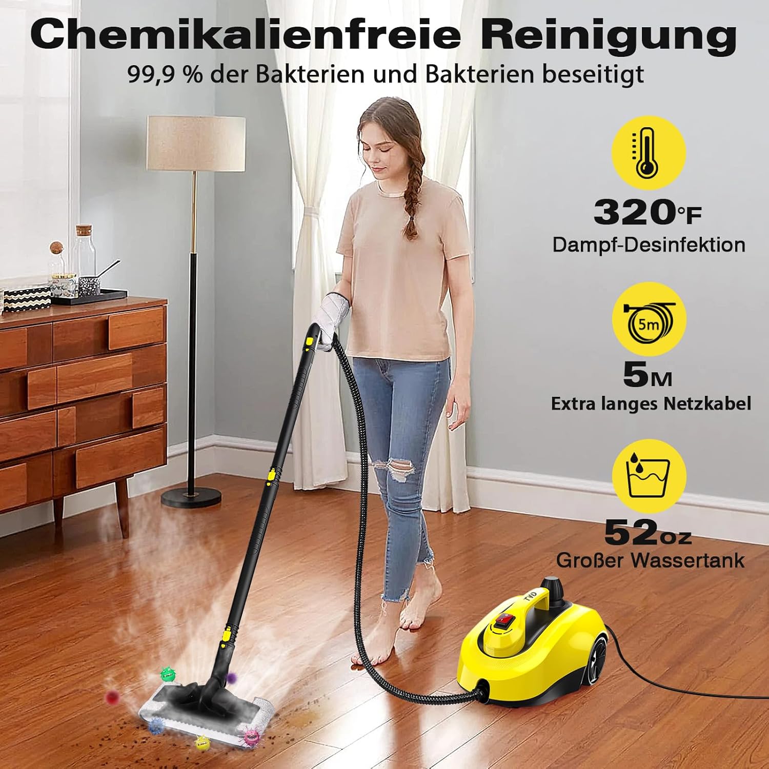 TVD Dampfreiniger, Polstermöbelreiniger, Dampfreiniger mit 5 m extra langem Netzkabel für Bodendampfer, Ofen, Teppich, Sofa, Polster, Bettwanzen.