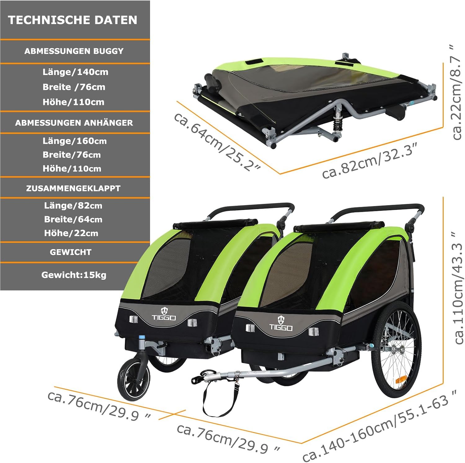 Tiggo S2 Kinderanhänger mit Federung Jogger 2 in 1 Kinder Buggy fahrradanhänger Anhänger 360° Drehbar