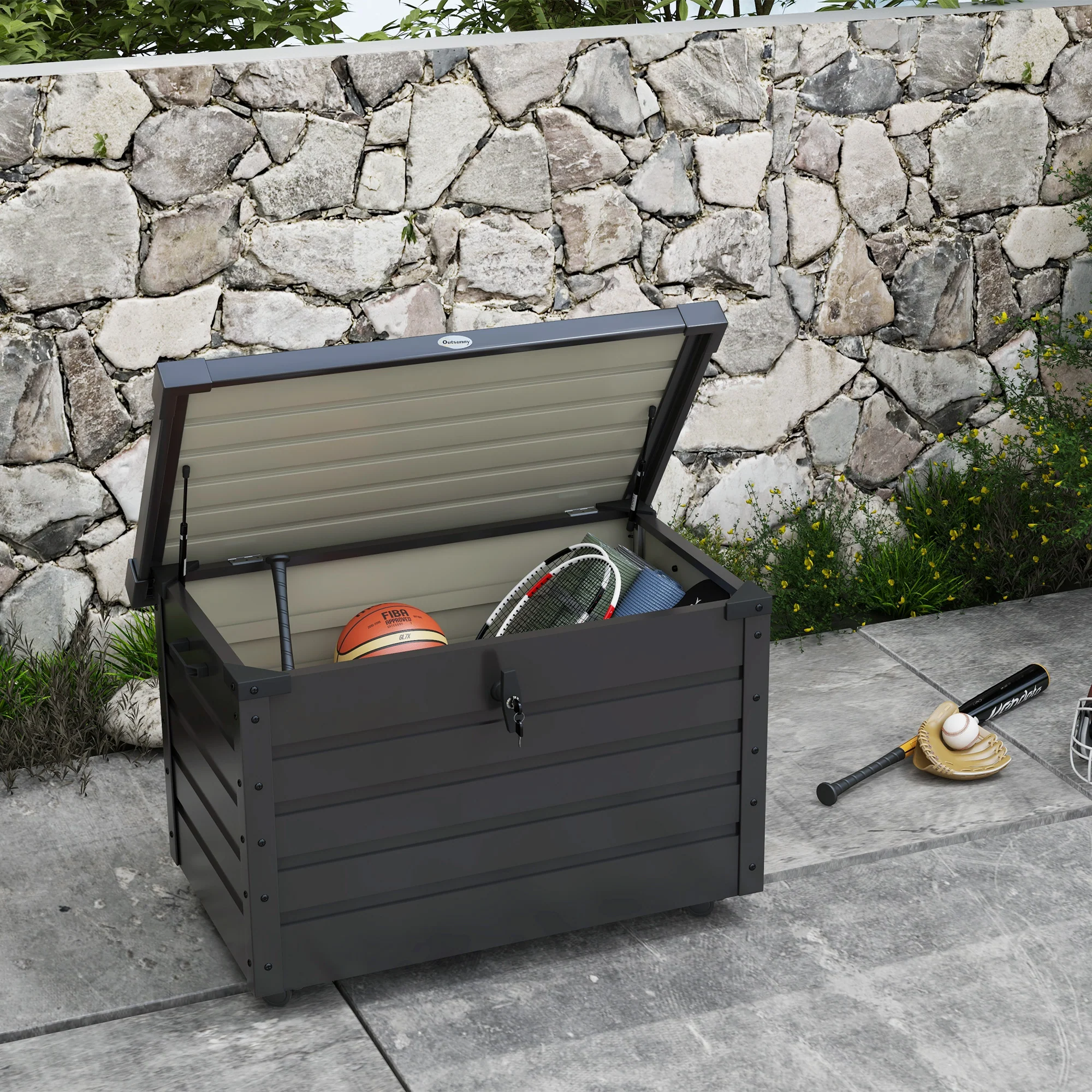 Outsunny Buiten Opbergbox Tuinkist Kussenbox, weerbestendig, 4 Wielen, 100 cm x 62 cm x 65 cm, Donkergrijs