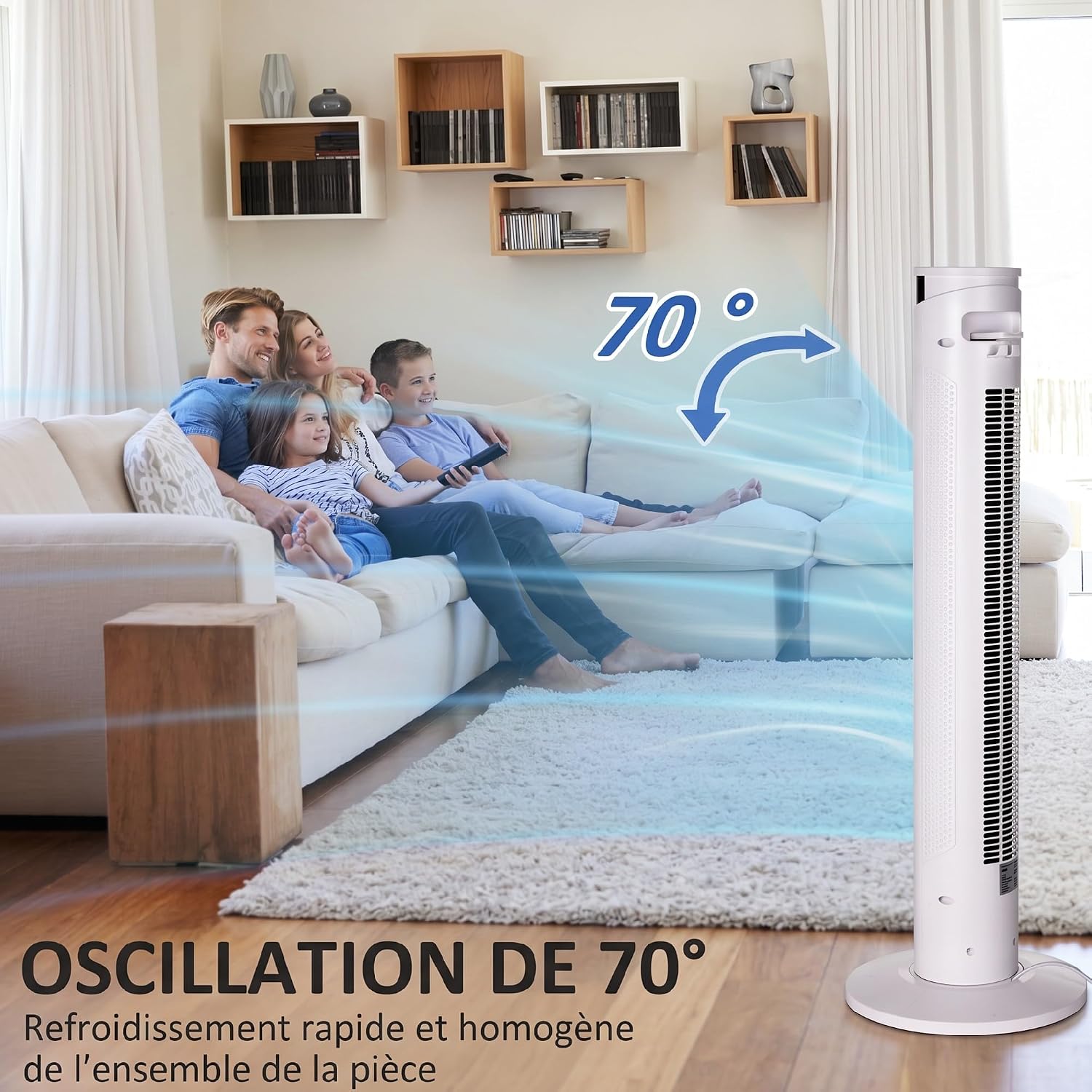 HOMCOM Ventilateur Colonne 45 W, Ventilateur Tour Chambre à Coucher avec Télécommande, Oscillation 70°, 3 Modes, 3 Vitesses, Minuterie 12H, Écran LED, Mode Veille, 93H cm, Blanc