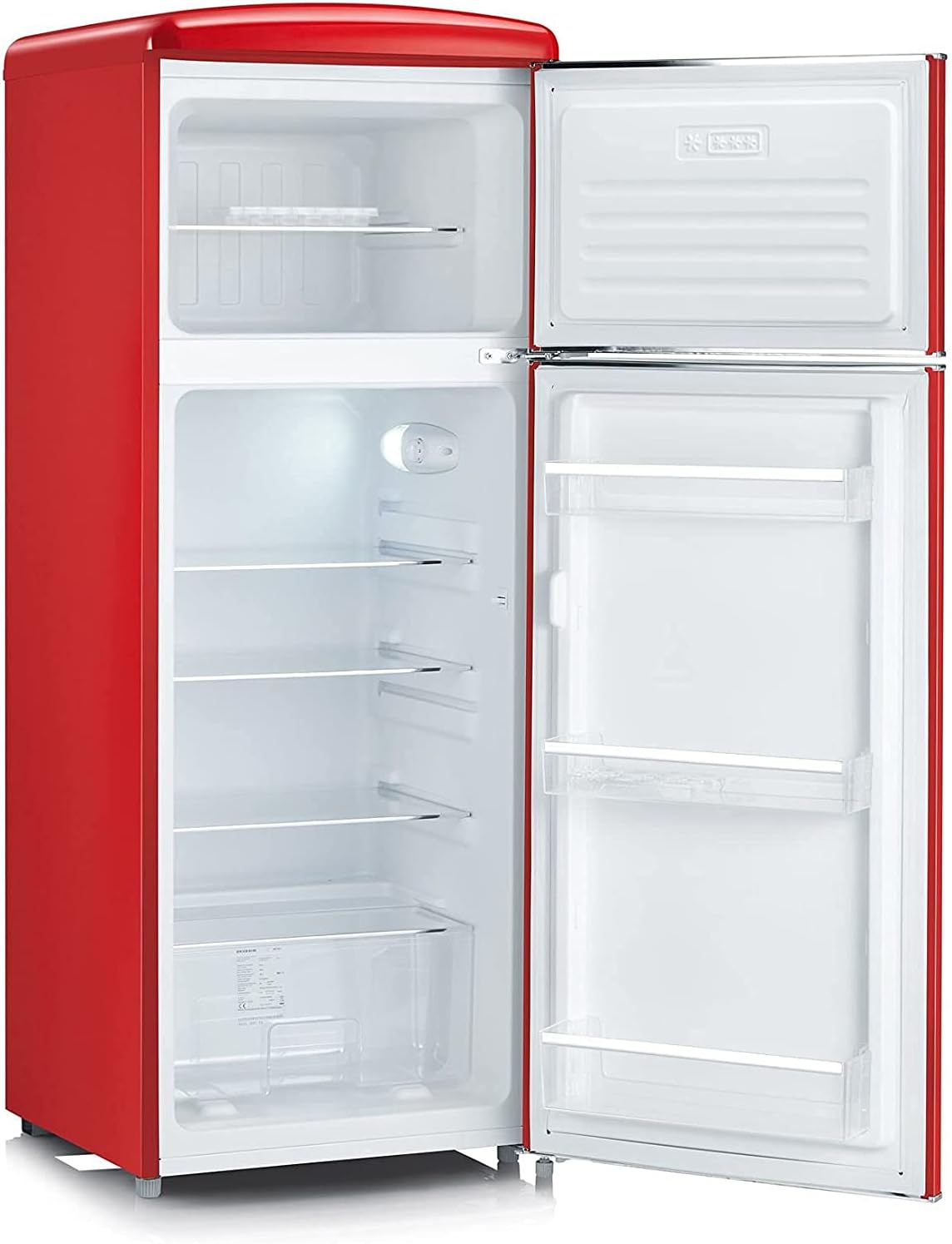 SEVERIN Réfrigérateur Congélateur 2 portes, Pose libre, Largeur 55 cm, 206L, Classe E, Veggibox incluse, Rétro, Rouge, RKG 8930