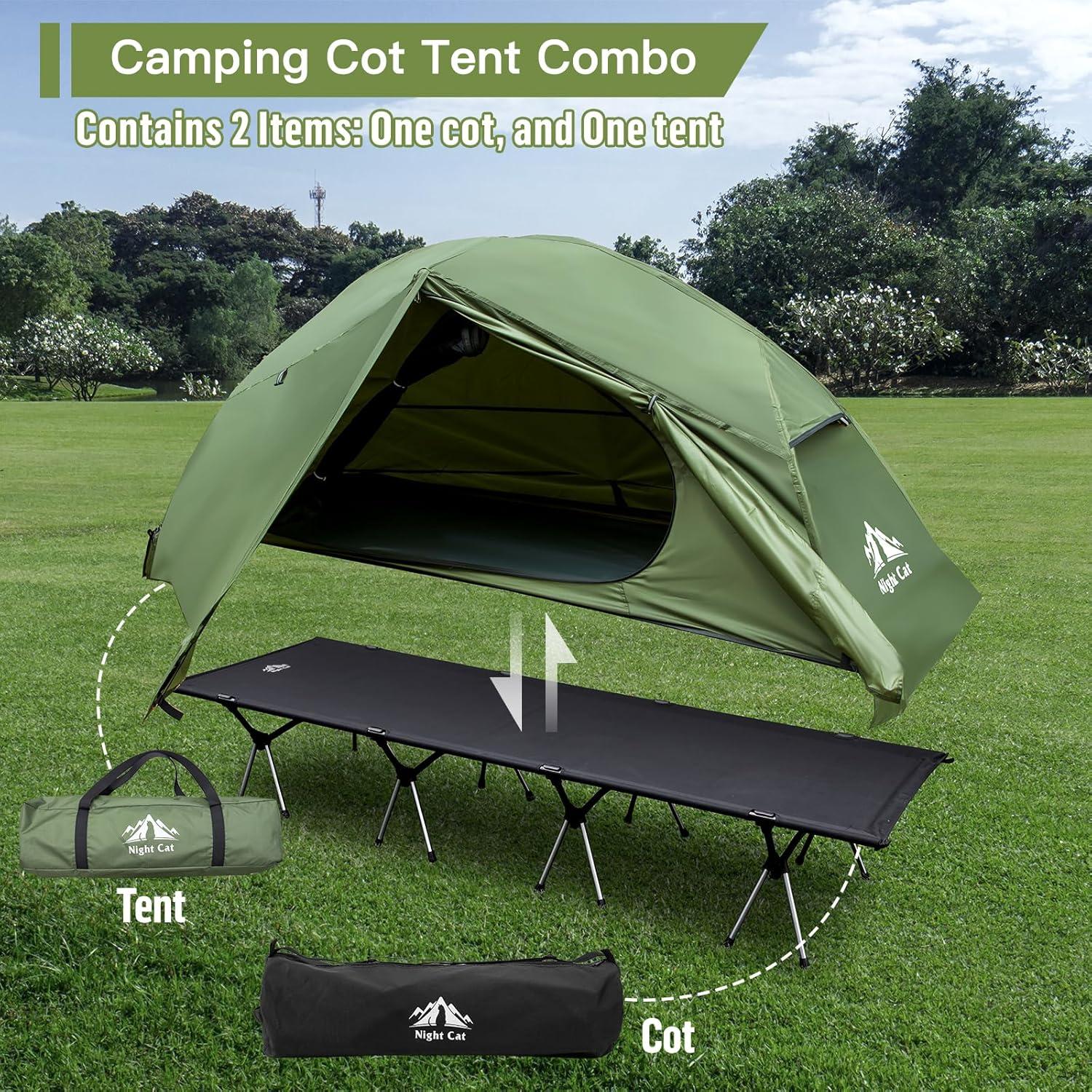 Night Cat Camping Cot Tent - Waterproof 1-Person Off-Ground Combo Cot Bed for Adults Portable Easy Set-up Tent
