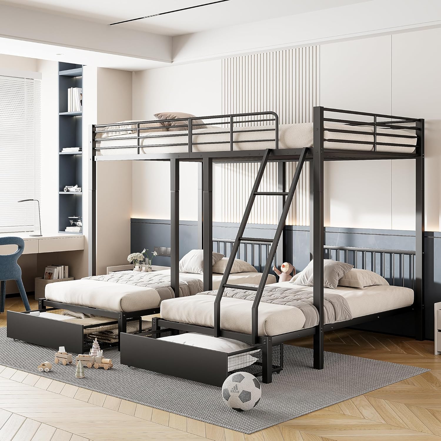 Dreifaches Etagenbett mit Schubladen, Metallbettrahmen, umwandelbar in 140 x 200 Doppelbett und Zwei 90 x 200 Einzelbetten, multifunktionales Metallrahmenbett, Schwarz
