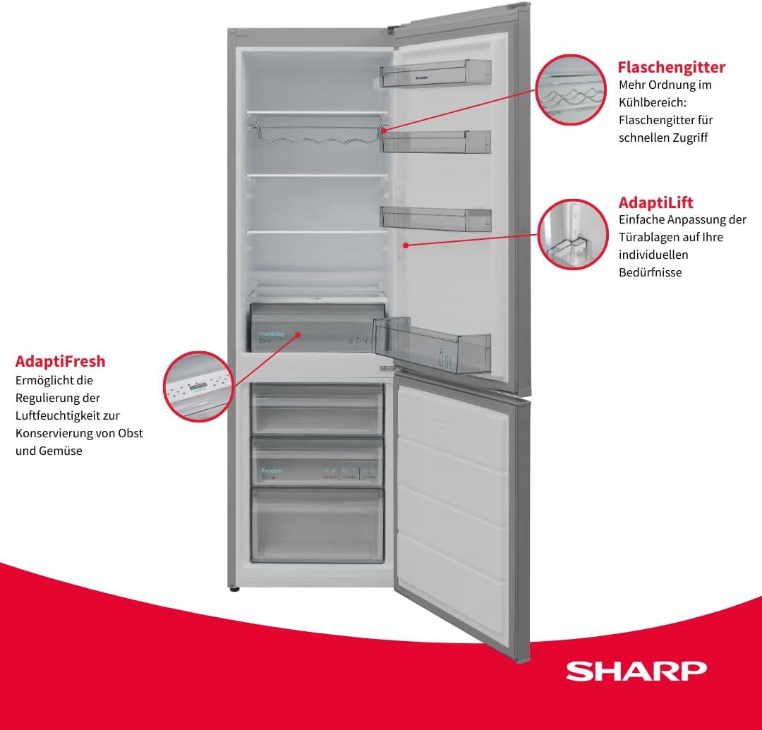 SHARP SJ-FBB05DTXLD-EU Kühl-Gefrier-Kombination freistehend 180 cm, EEK D, NanoFrost, 288 L Gesamtvolumen, Feuchtigkeits-Gemüsefach, Edelstahl Optik
