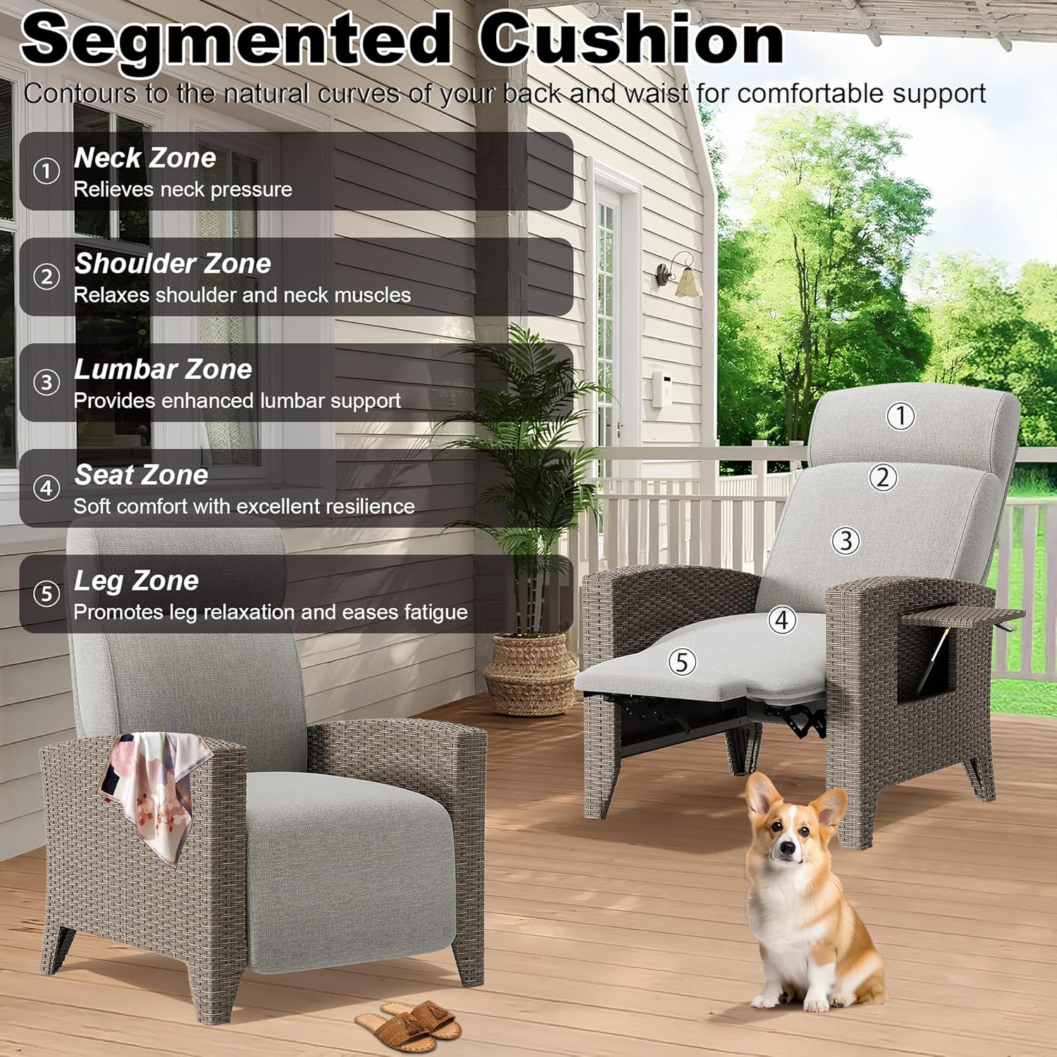 Großer Gartensessel mit Liegefunktion,Relaxliege Liegesessel mit Verstellbarer Rückenlehne,Verstecktem Fußhocker,Sonnenliege Rattan Für Balkon,Innen-Beige Sitzkissen und Braun Rattan