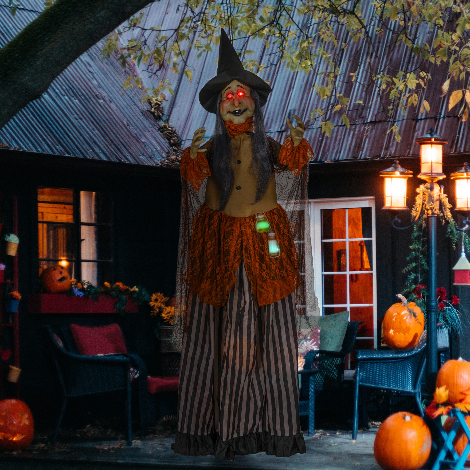 Heks met Toverdrank, Halloween Decor, Griezelige Geluiden, Rode Ogen, Beweegbaar, 183 cm